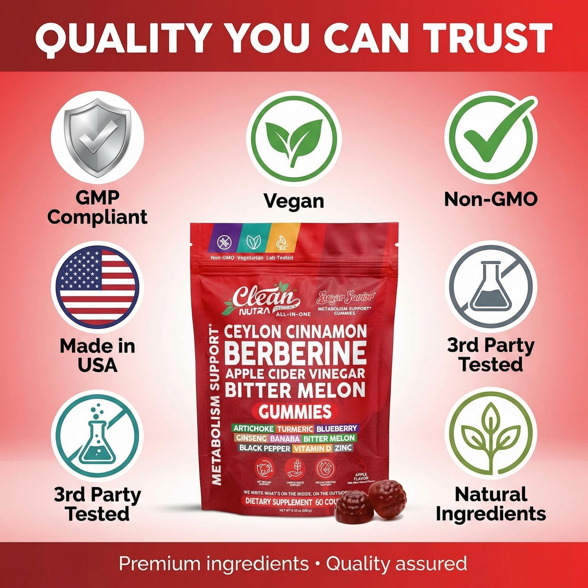 Sugar Savior Ceylon Cinnamon Berberine Gummies Apple Cider Vinegar Artichoke Turmeric Blueberry Ginseng Banaba Bitter Melon Black Pepper Vitamin D Zinc GLP1 Gummies 60 Count by Clean Nutra