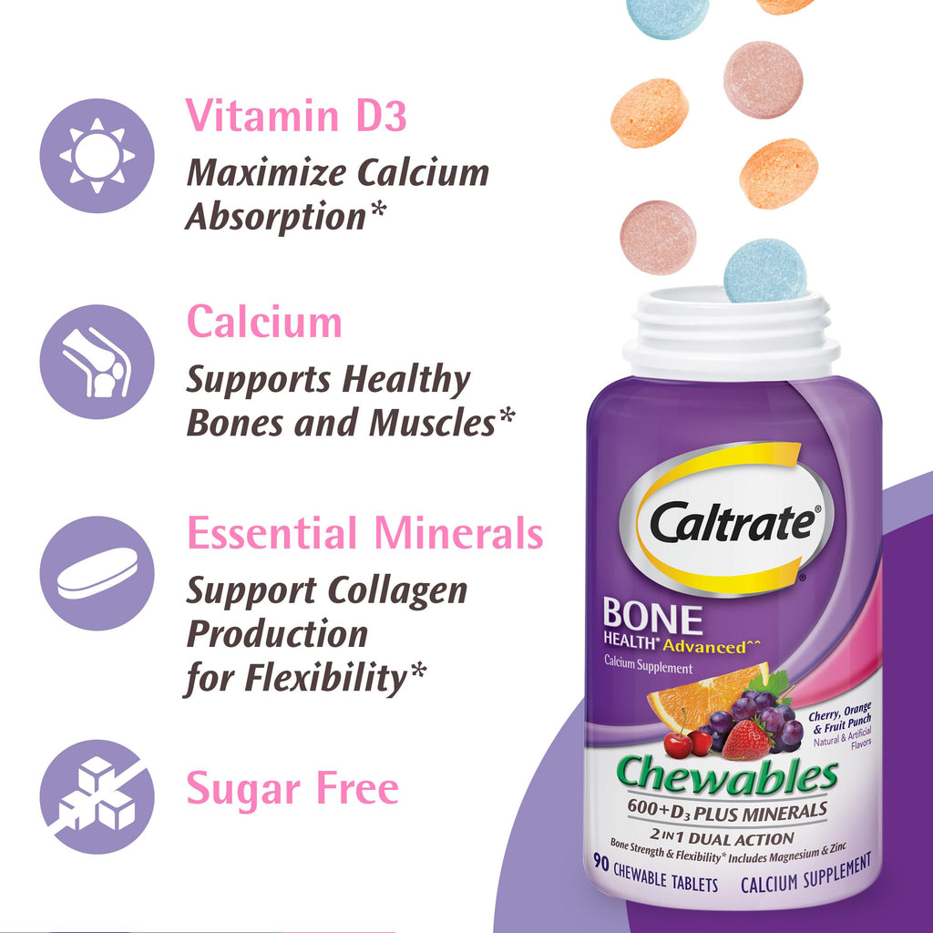 Caltrate Chewables 600 Plus D3 Vitamin D and Calcium Supplement, 155 count | Sugar Free, Highest Level of Vitamin D3, Maximizes Calcium Absorption to Support Strong Bones and Daily Function