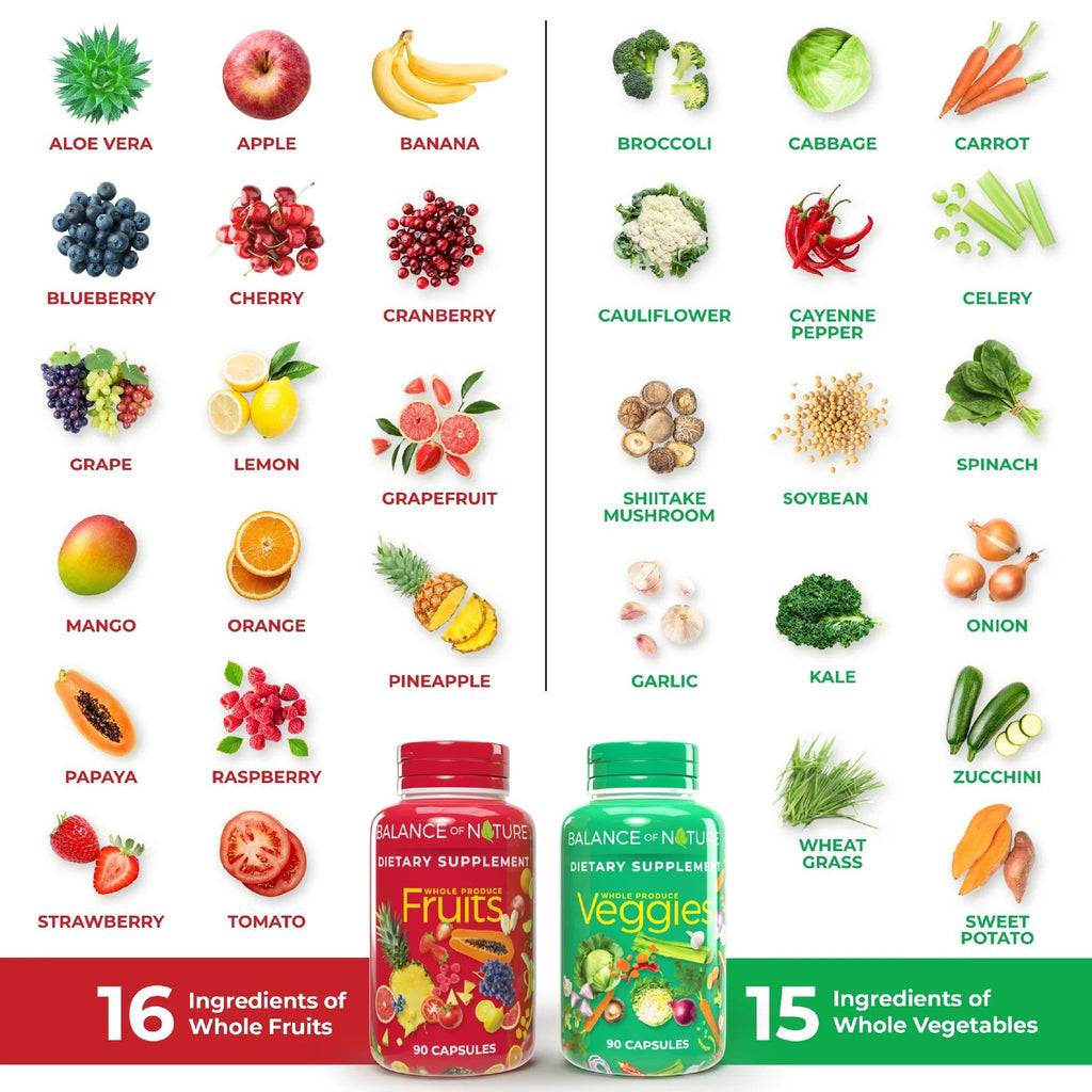 Balance of Nature Fruits & Veggies Supplements - Whole Fruit and Vegetable Ingredients for Women, Men, and Kids - 90 Fruits Capsules, 90 Veggies Capsules - 1 Set