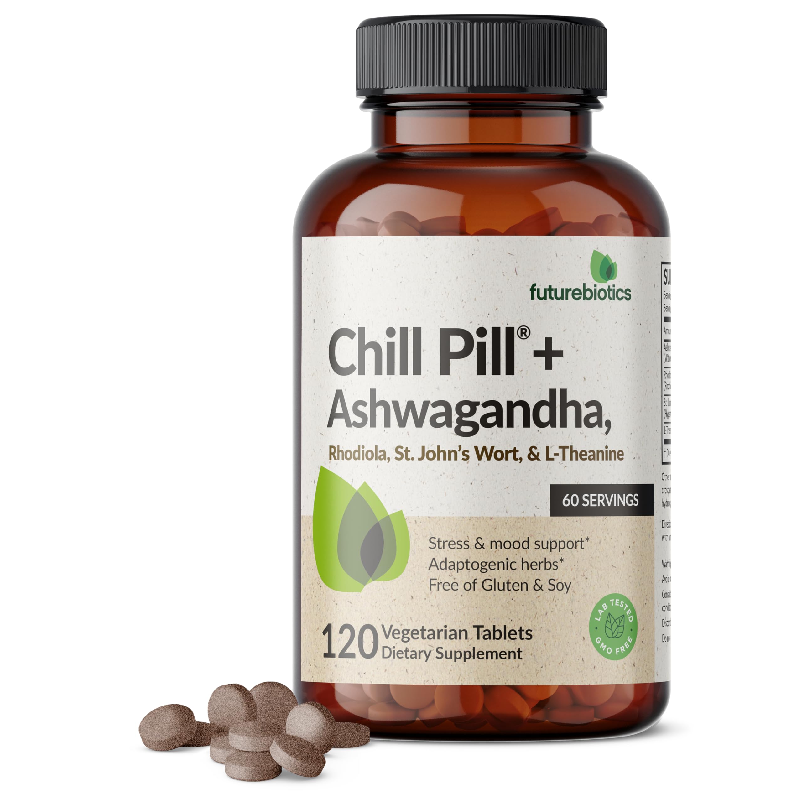 Futurebiotics Chill Pill + Ashwagandha, Stress & Mood Support, 120 Tablets | Advanced Calming Formula: Ashwagandha, Rhodiola, St. John's Wort & L-Theanine, Vegan, Non-GMO, Gluten-Free & Soy-Free