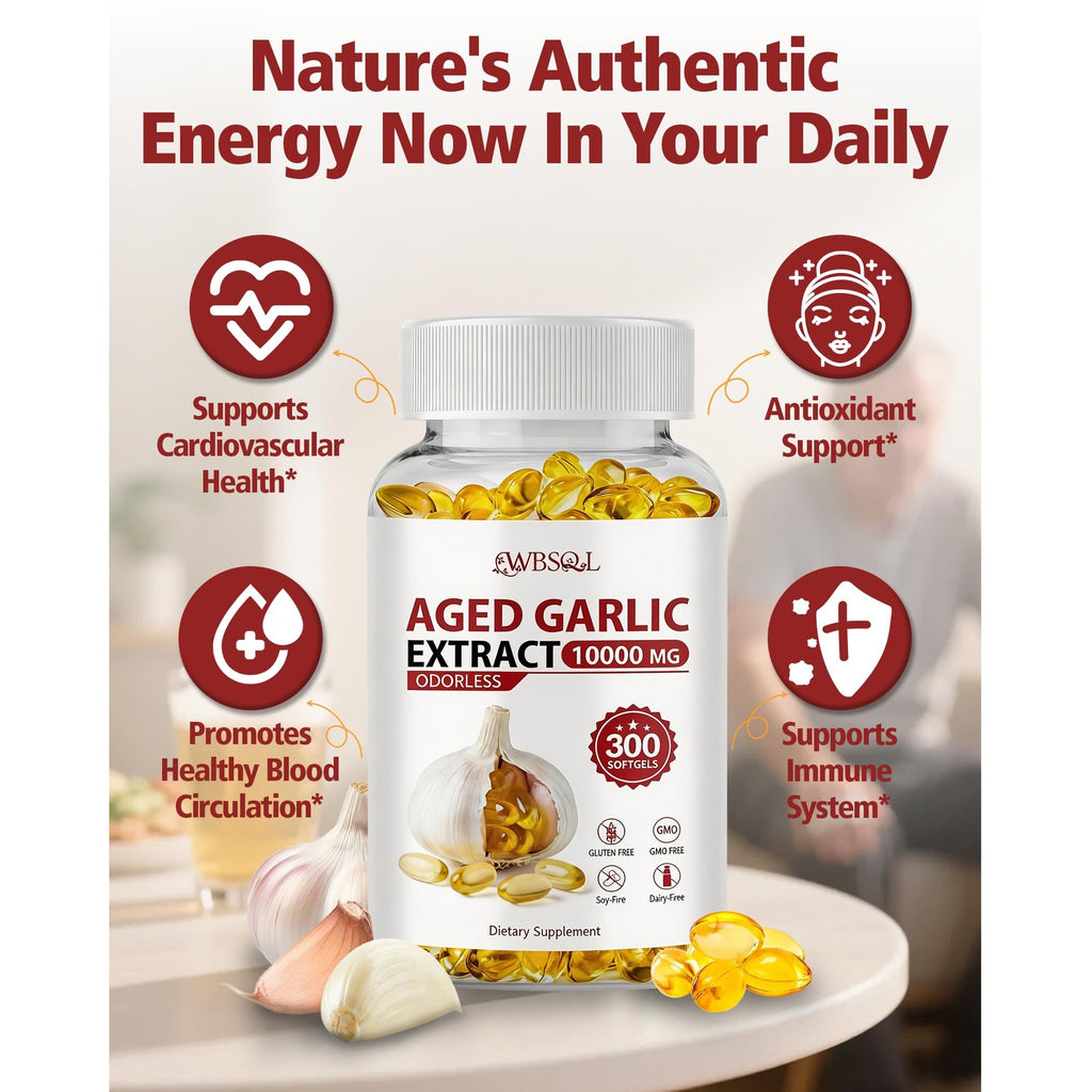Odorless Aged Garlic Extract 10,000 mg - 300 Softgels, 2 Year Aged Garlic Supplements for Heart & Immune Support - Natural Antioxidant Supplement, Non-GMO, Gluten-Free, Vegan