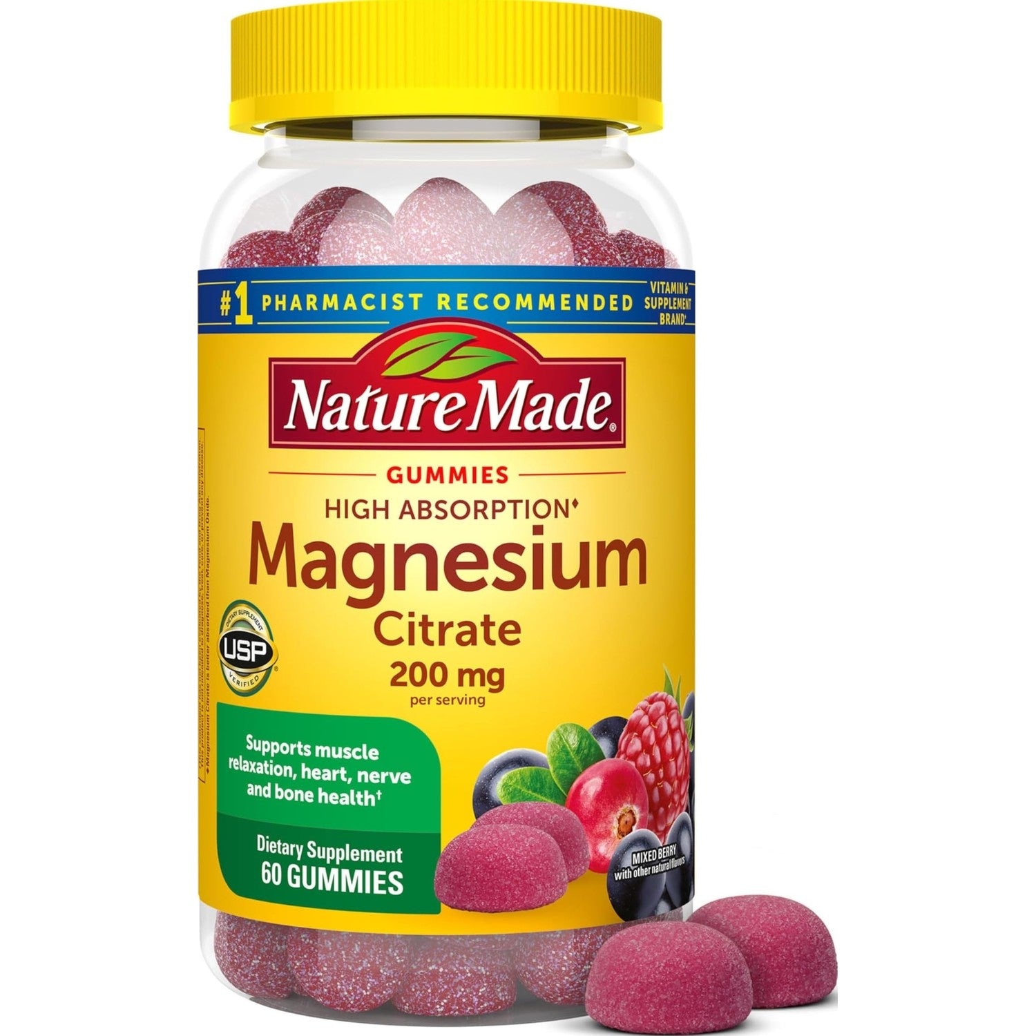 Nature Made High Absorption Magnesium Citrate 200mg per Serving, 60 Gummies | Magnesium Supplement for Muscle, Nerve, Bone and Heart Health Support, Mixed Berry Flavored Magnesium Gummies, 30 Day Supply