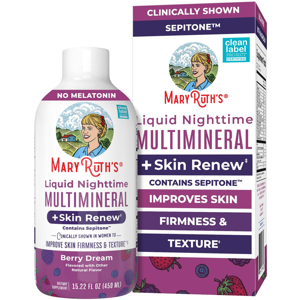 MaryRuth's Liquid Nighttime Liquid Multimineral + Skin Renew | Clinically Shown in Women to Reduce Fine Wrinkle & Improve Skin Firmness | Sepitone | NO Melatonin | Magnesium | Vegan | 15 Servings