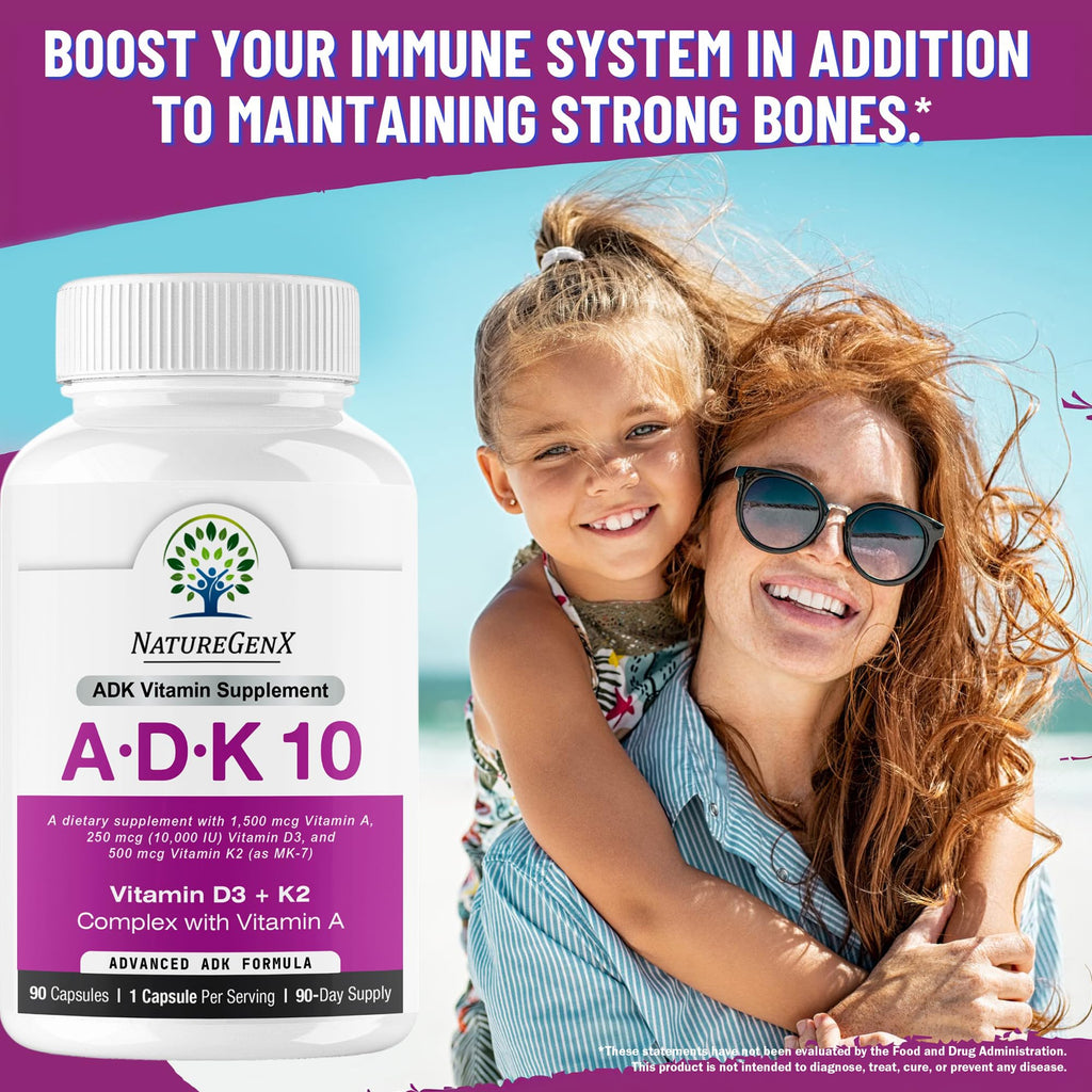 NatureGenX ADK10 – Vitamins A, D3 250 mcg & K2 MK-7 for Bone, Heart & Immune Health – Non-GMO, Gluten-Free, Soy-Free – 90 Capsules (3-Month Supply)