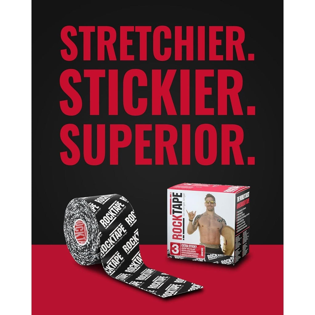 Buy now RockTape Extra Sticky 2" x 16.4' Kinesiology Tape (Logo,Black), Athletic Tape for Muscle Pain Relief, Injury Recovery, Microscopic Skin Lifting & Decompression, Sweat & Water Resistant, Hypoallergenic at indiglob india