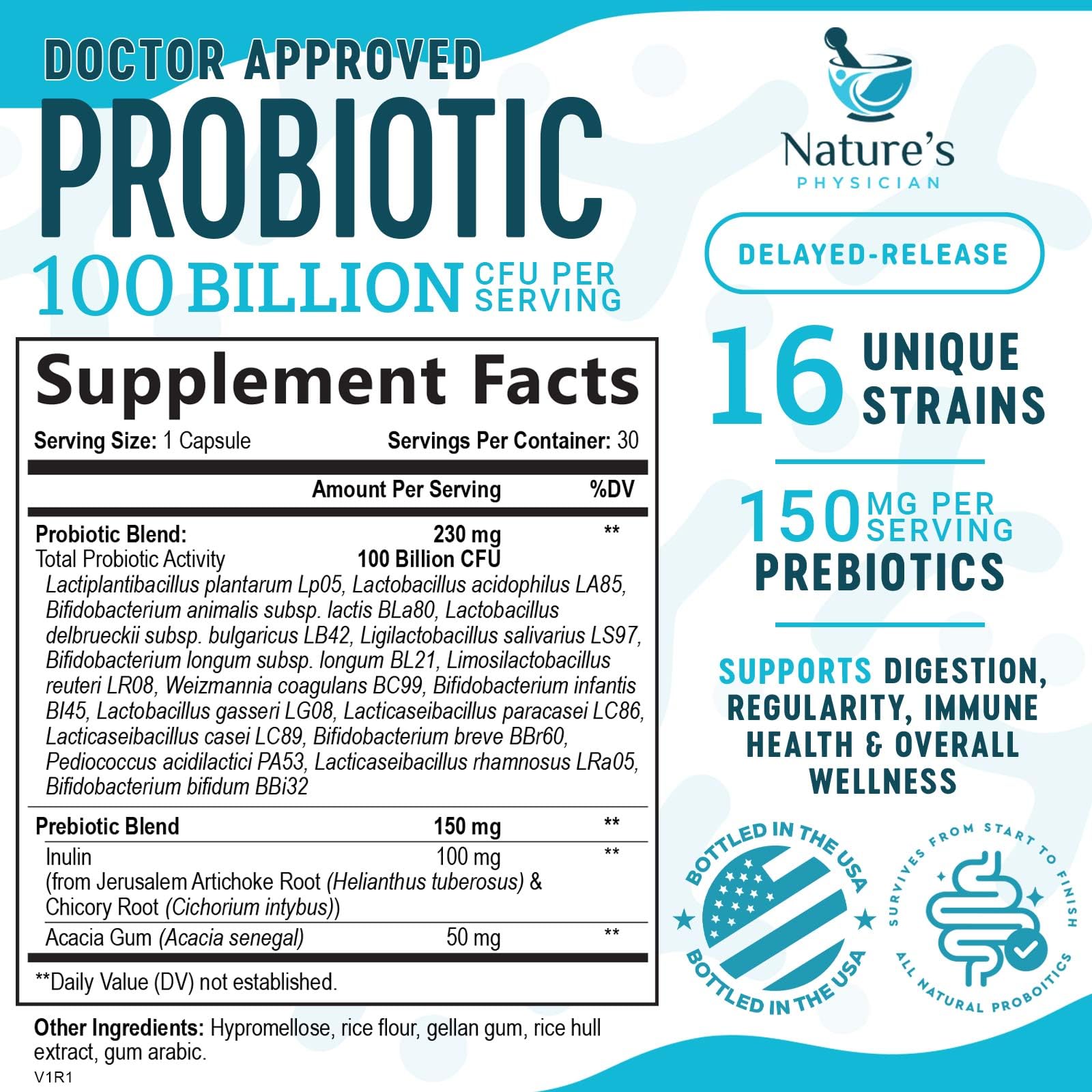 Nature's Physician Probiotics - 100 Billion CFU Per Capsule - 16 Strains + Prebiotics - Best Probiotic Supplement for Women & Men - Supports Immune, Digestive Health, Constipation & Gas - 30 Capsules
