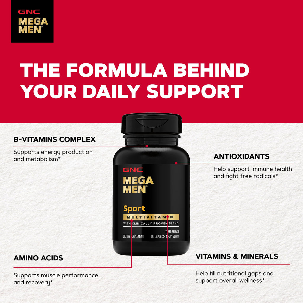 GNC Mega Men Sport Multivitamin, Performance & Muscle Function, 90 Count | Clinically Shown to Boost Nutrient Levels and Mental Wellbeing, with BCAAs and Carnitine for Muscle Performance and Energy