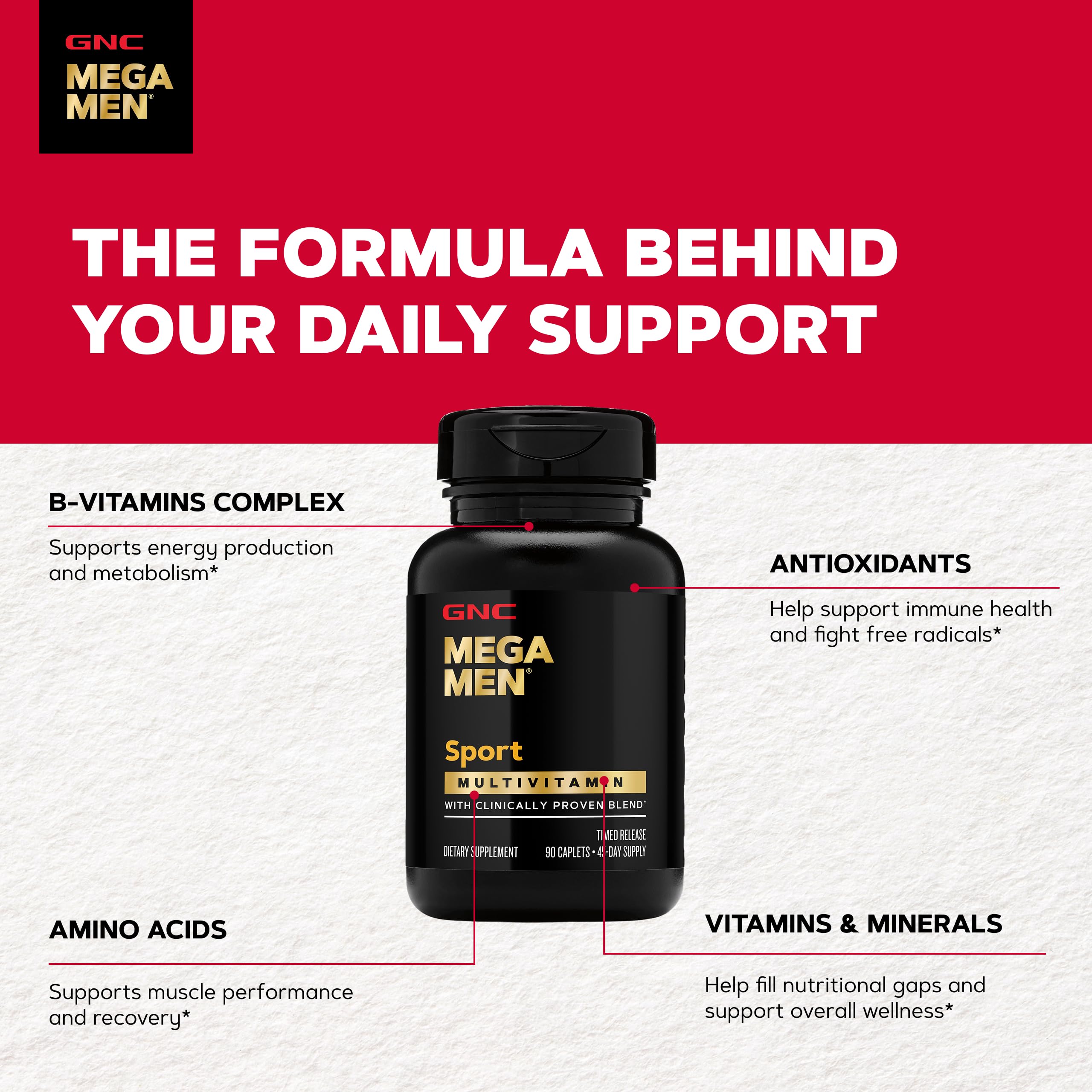 GNC Mega Men Sport Multivitamin, Performance & Muscle Function, 90 Count | Clinically Shown to Boost Nutrient Levels and Mental Wellbeing, with BCAAs and Carnitine for Muscle Performance and Energy