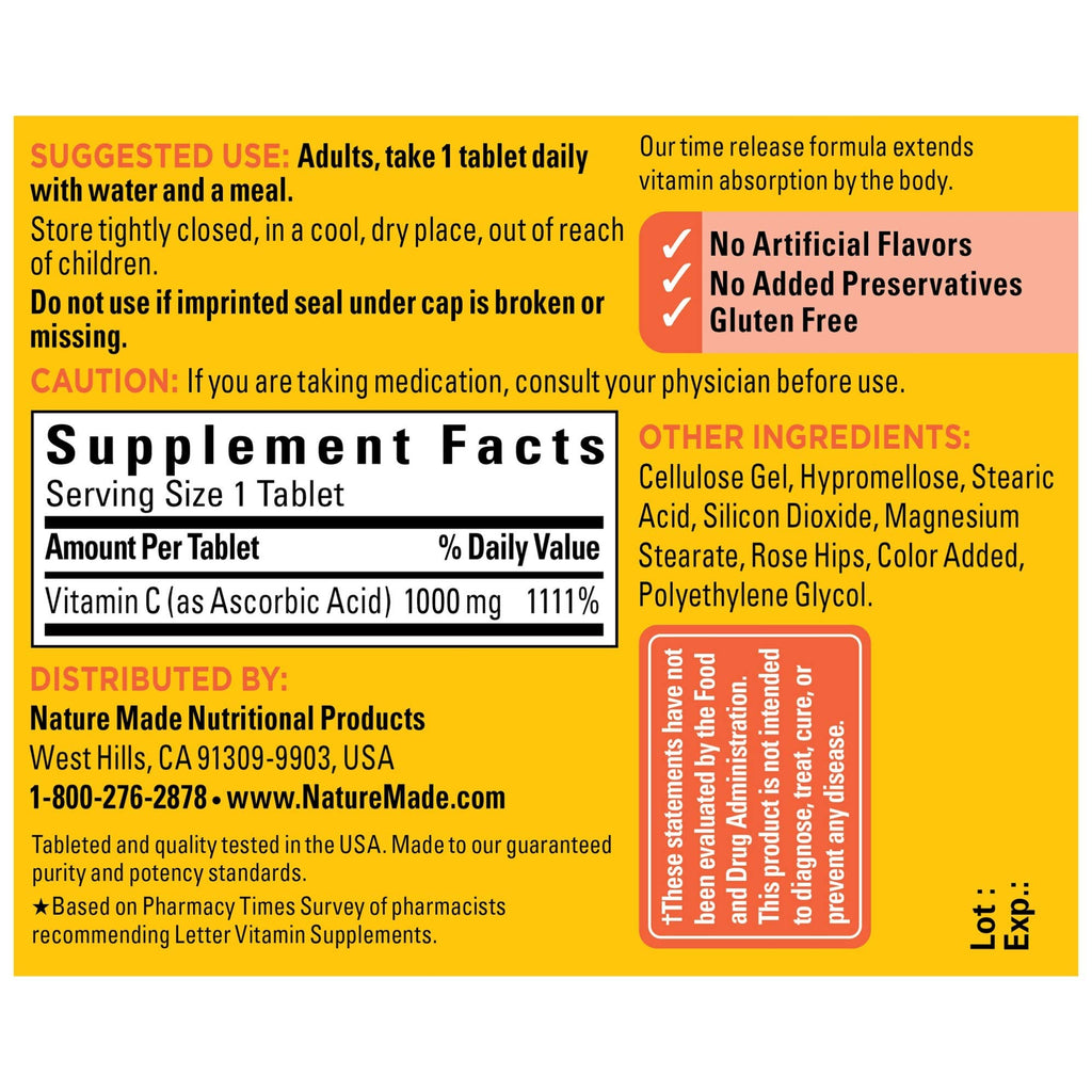 Nature Made Vitamin C 1000 mg Time Release Tablets with Rose Hips, 60 Count to Help Support the Immune System