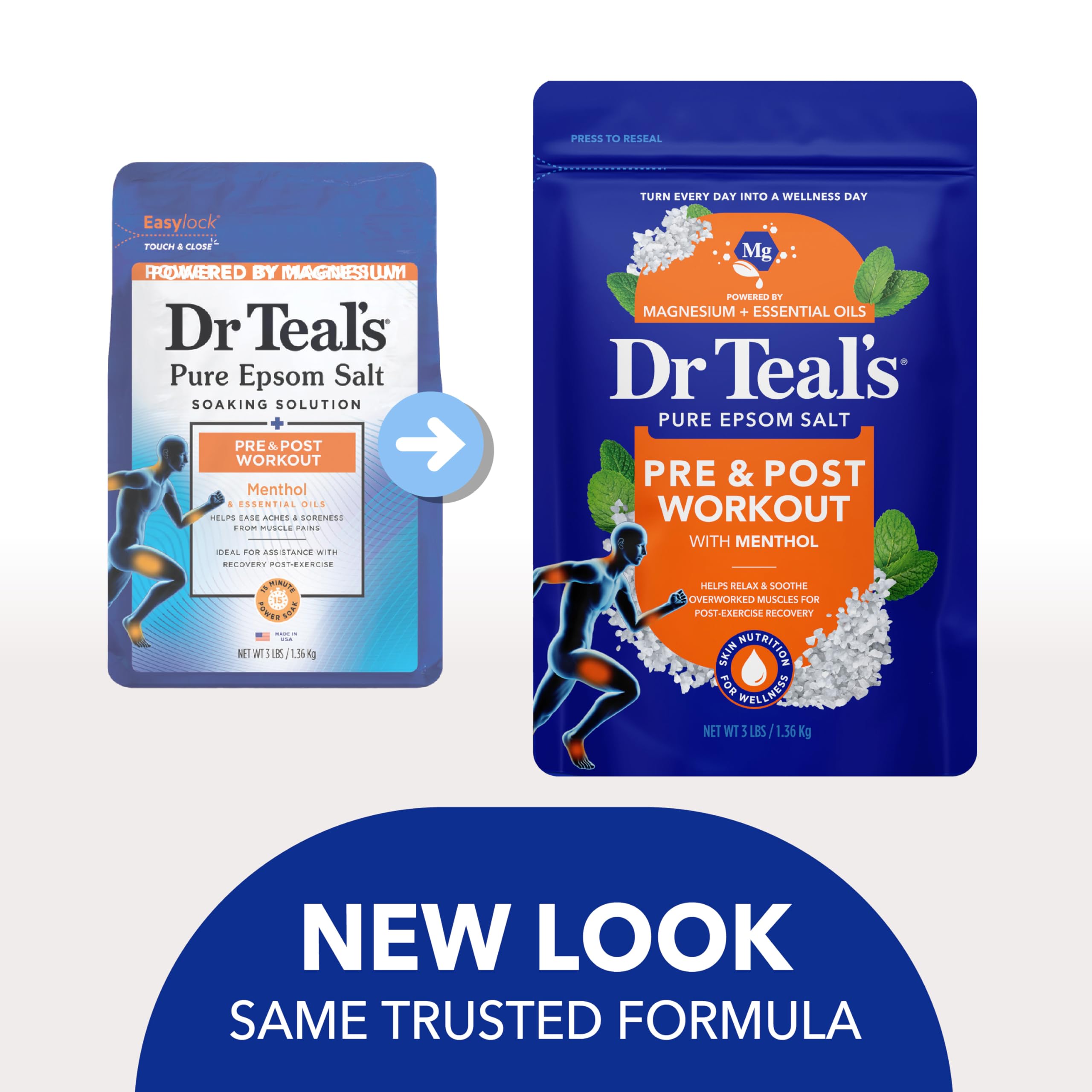 Dr Teal's Epsom Salt Magnesium Soak, Pre & Post Workout with Menthol & Essential Oils, 3 lbs