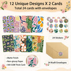 Ogeby 24 Pack Floral Greeting Card with Envelopes & Stickers, Boxed Floral Blank Note Cards Set for All Occasions, 12 Assorted Designs, 4x6 Inch, Blank Inside