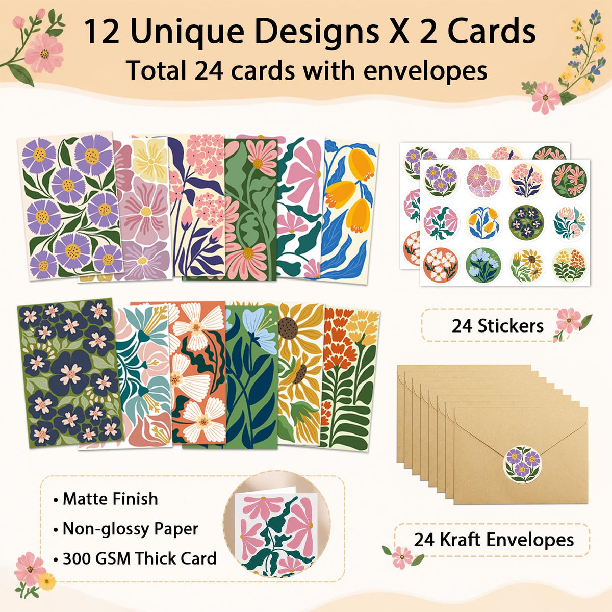 Ogeby 24 Pack Floral Greeting Card with Envelopes & Stickers, Boxed Floral Blank Note Cards Set for All Occasions, 12 Assorted Designs, 4x6 Inch, Blank Inside