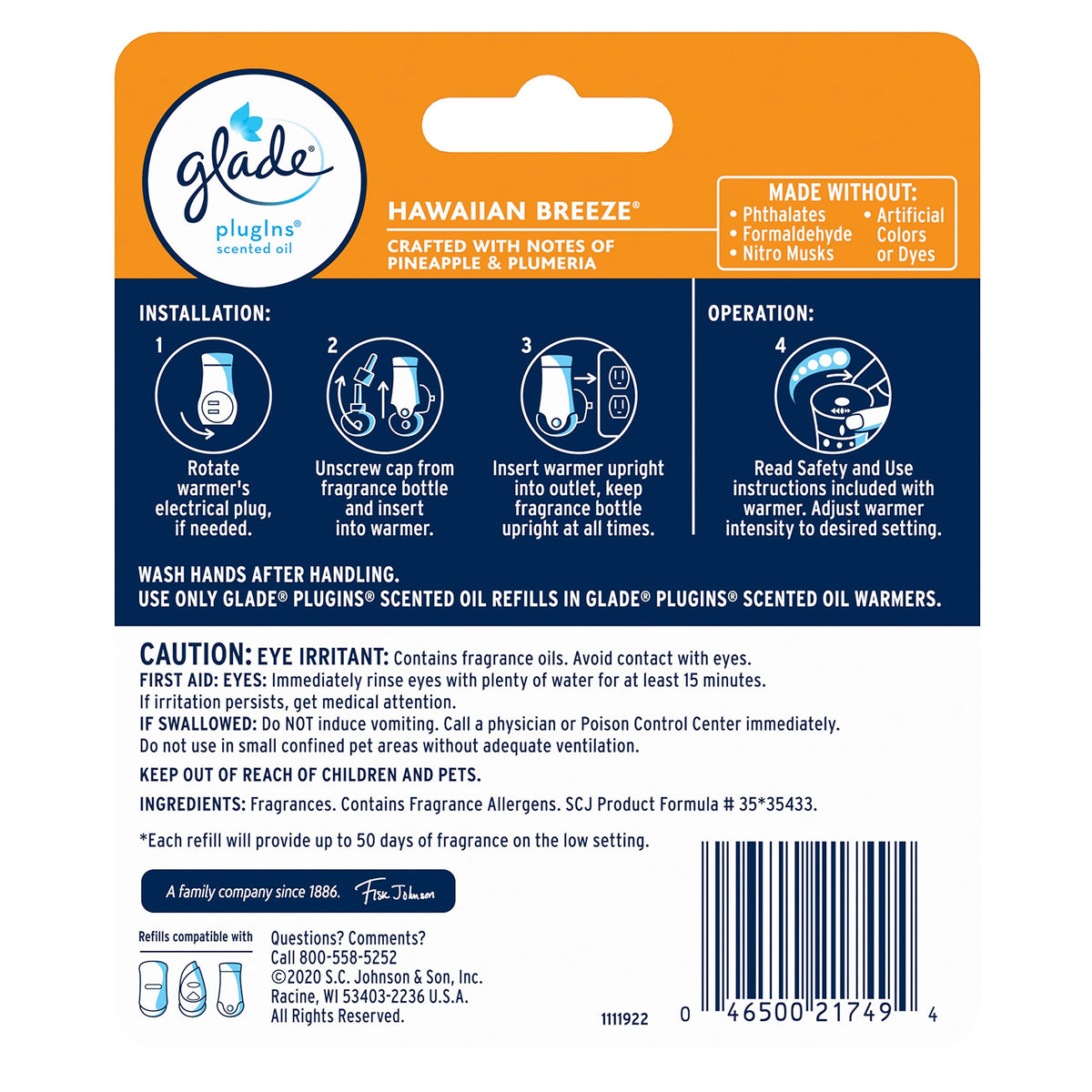 Glade PlugIns Refills Air Freshener, Scented and Essential Oils for Home and Bathroom, Hawaiian Breeze, 1.34 Fl Oz, 2 Count