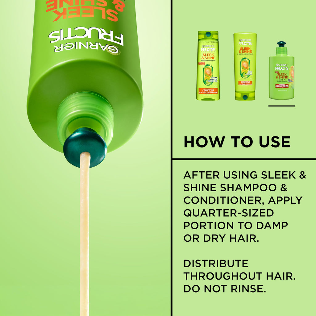 Garnier Fructis Sleek & Shine Leave-In Conditioner Cream, Anti-Frizz Hair Treatment with Plant Keratin + Argan Oil, Controls Frizz and Provides Smoothness For Frizzy, Dry Hair, 10.2 Fl Oz (Pack of 2)