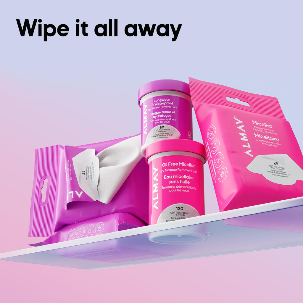 Almay Oil-Free Micellar Eye Makeup Remover Pads, 120 Count | Micellar eye makeup remover pads gently wipe away all traces of eye makeup without leaving behind any greasy residue.