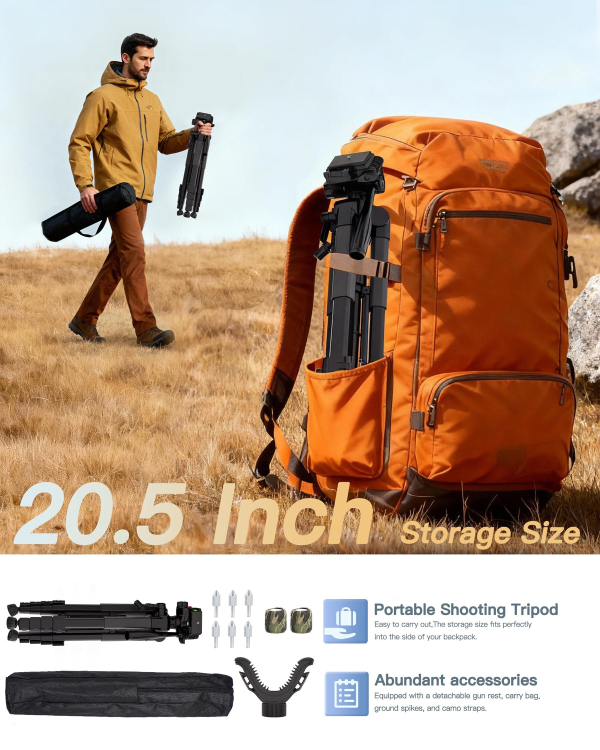 74" Adjustable Rifle Tripod Stand, Aluminum Shooting Tripod with V Yoke Gun Rest, Ground Spikes and 2 Camo Straps for Outdoor Shooting, Target Practice and Field Use