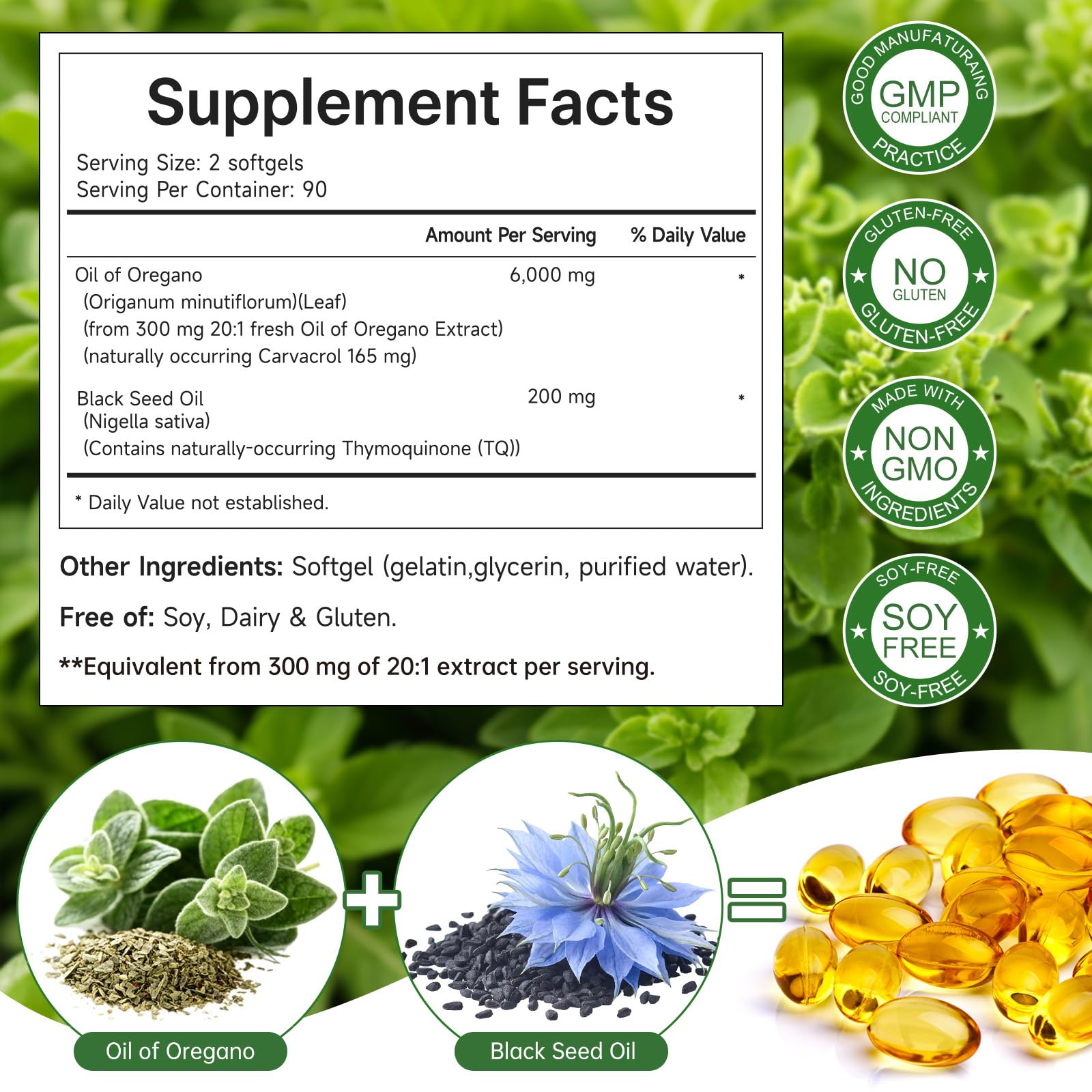 Oil of Oregano with Black Seed Oil, 180 Count Oregano Oil Capsules with 4X Strength of Carvacrol and Thymoquinone, Non-GMO, Natural Herbal Health Supplement