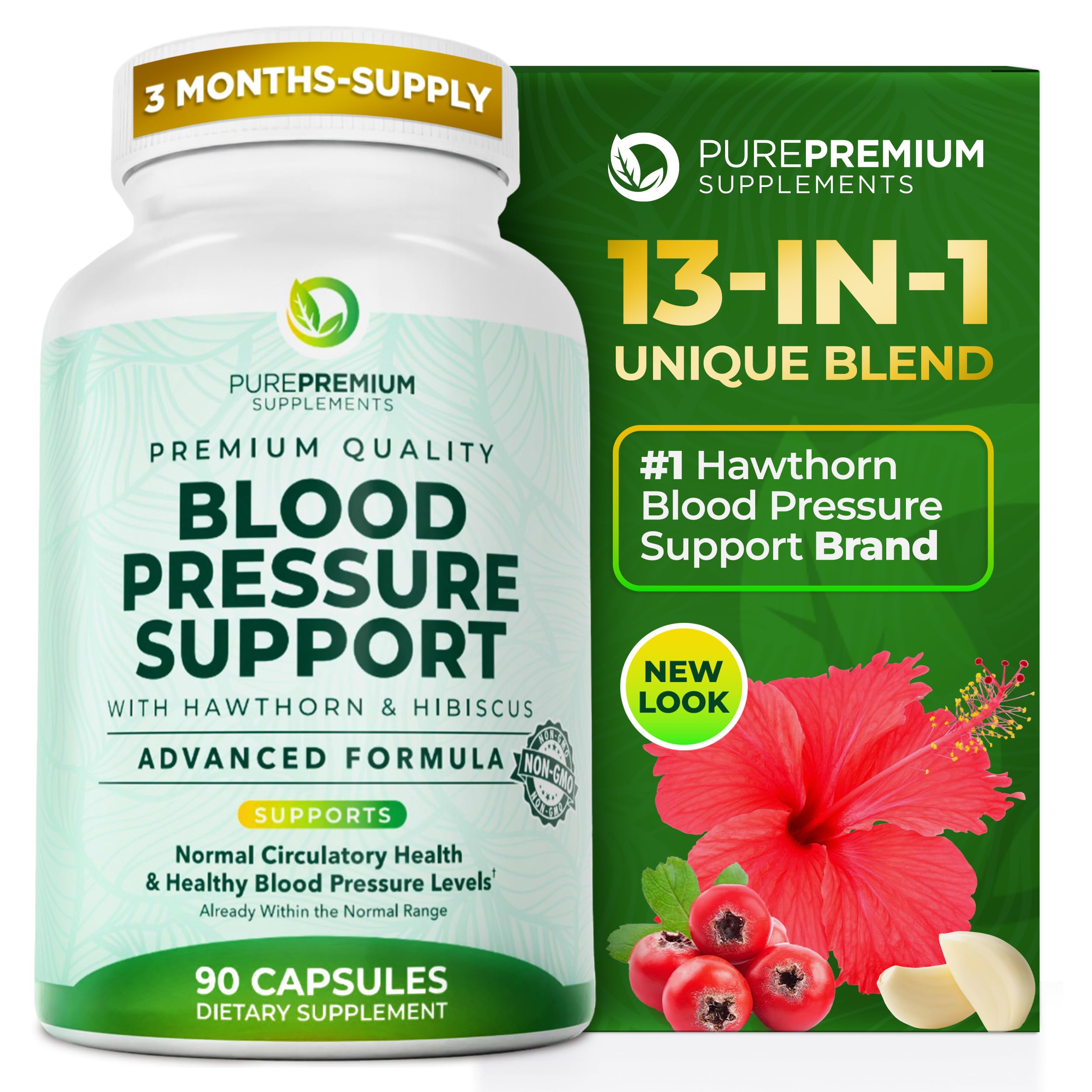 PurePremium Blood Pressure Supplements with Hawthorn Berry, Hibiscus - 90ct | Garlic & Vitamin B12 - Nitric Oxide Supplement for Normal Heart Health, Circulation Health & Blood Pressure Support, USA Made