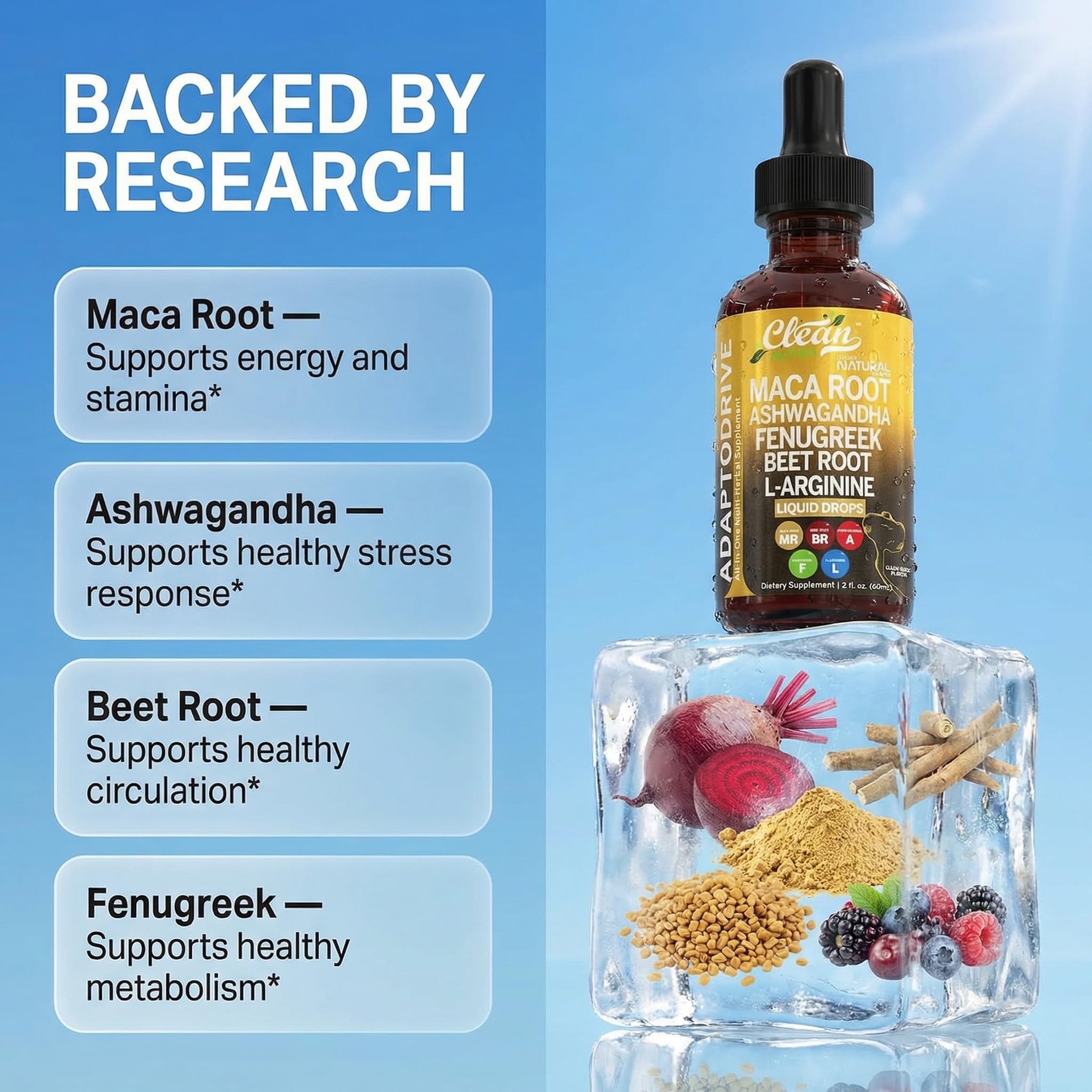 Clean Nutra Organic Maca Root Liquid Drops with Ashwagandha, Fenugreek, Beet Root and L-Arginine Liquid Multivitamin for Women and Men - Adapto Drive