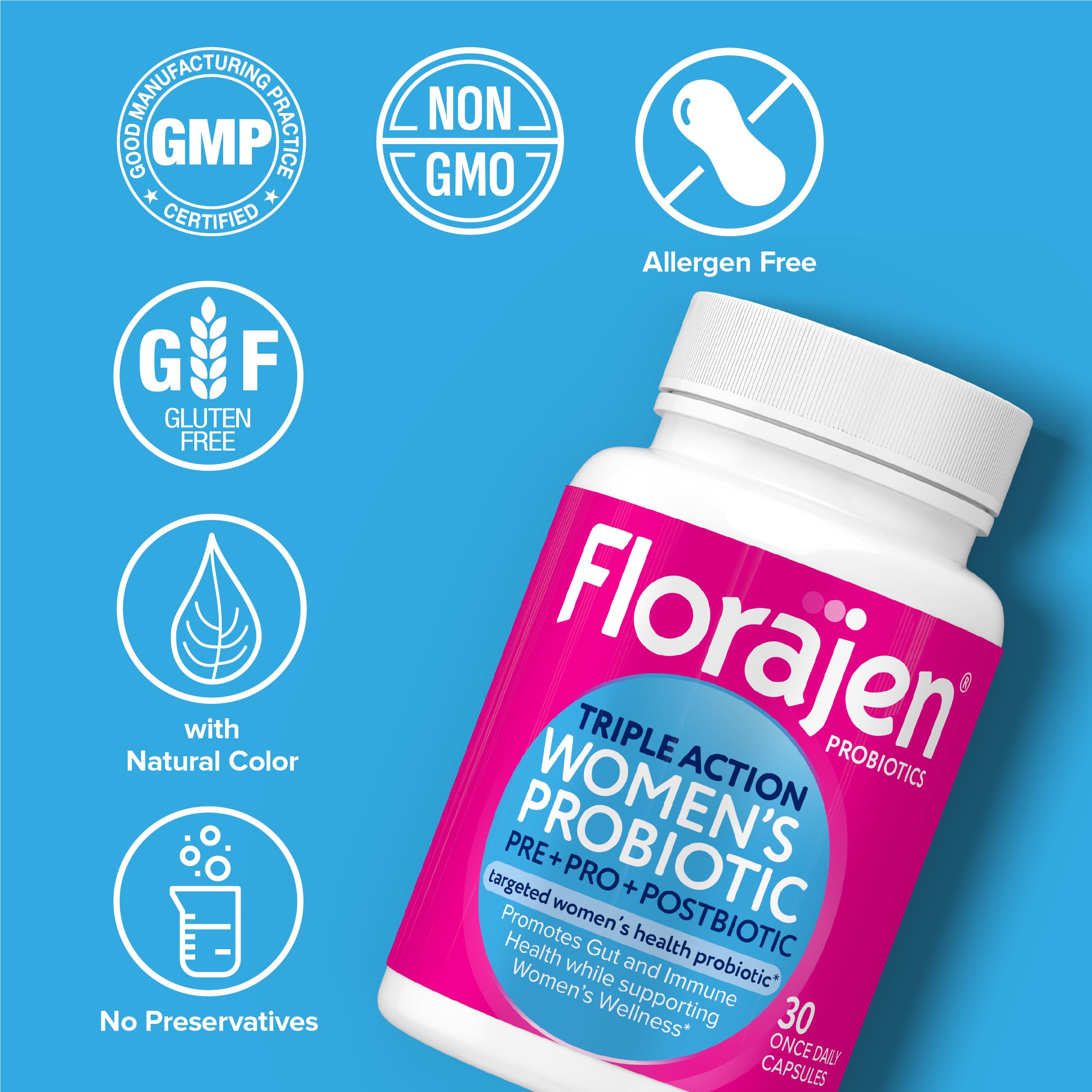 Florajen Women’s Probiotic, Digestive & Immune Support, 30 Capsules | Prebiotic & Postbiotic, Bloating & Constipation Relief, Vegan, Gluten-Free, Non-GMO, Daily Gut Health