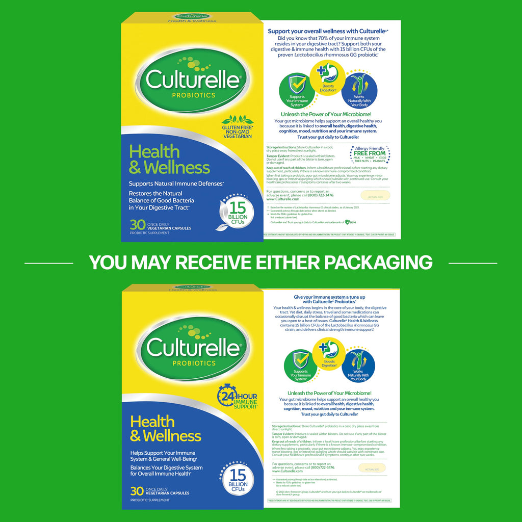 Culturelle Health & Wellness Daily Probiotic Supplement Men & Women, 30 Ct | 15 Billion CFUs, Lactobacillus rhamnosus GG Strain, Occasional Gas & Bloating Relief*, No Refrigeration, Vegan Capsule