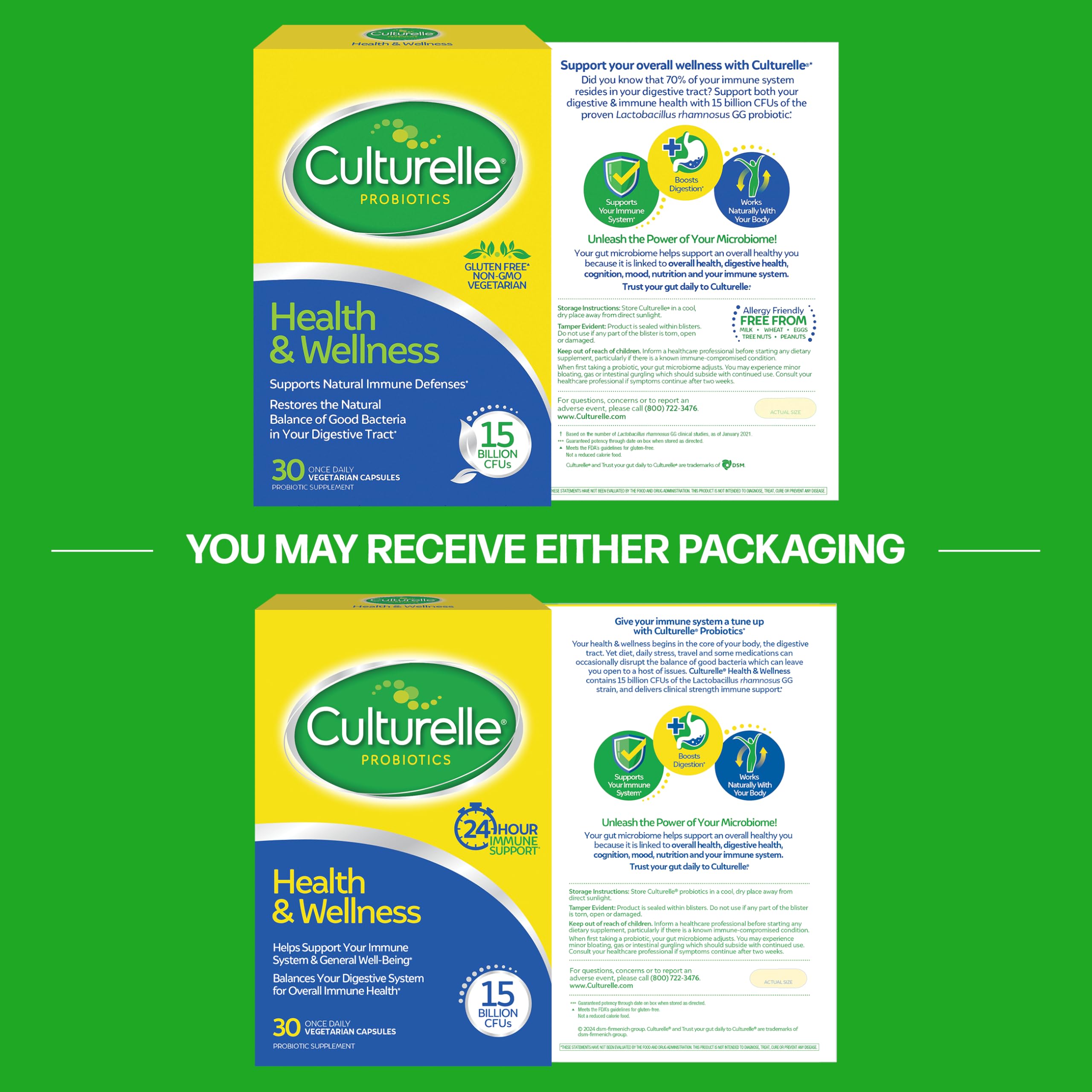 Culturelle Health & Wellness Daily Probiotic Supplement Men & Women, 30 Ct | 15 Billion CFUs, Lactobacillus rhamnosus GG Strain, Occasional Gas & Bloating Relief*, No Refrigeration, Vegan Capsule