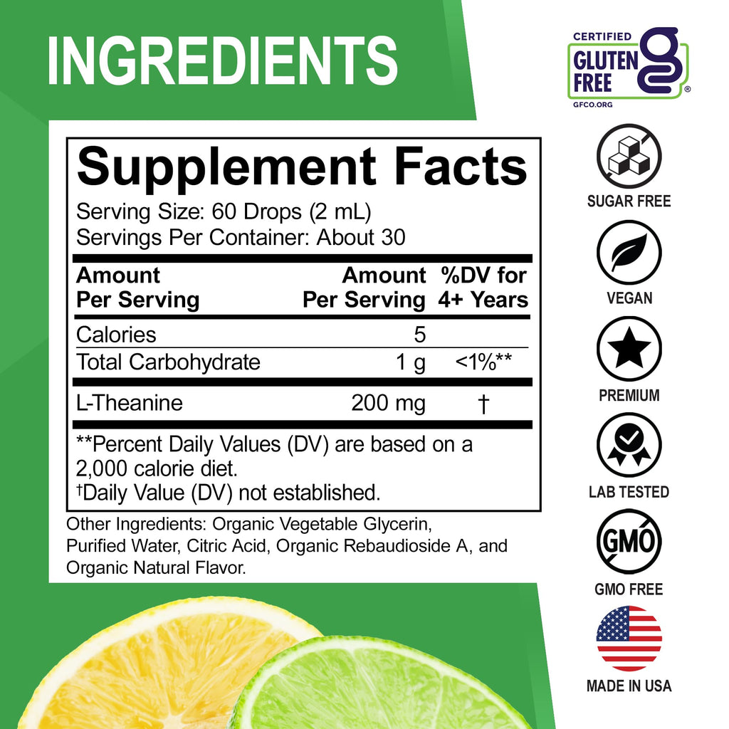 L Theanine 200mg Liquid Drops - Natural Sleep Support & Focus Supplement for Kids & Adults - Vegan, Non-GMO, Gluten Free 200mg Pure L-Theanine Drops Liquid Supplements, Mood Ltheanine for Kids 2 FL Oz