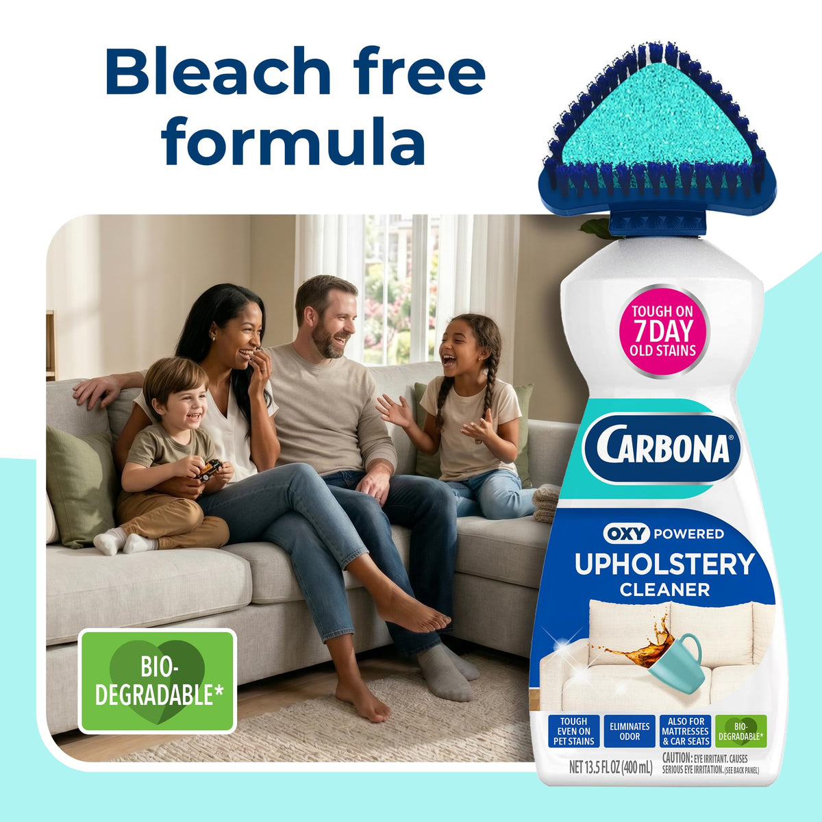 Carbona Oxy Powered Upholstery Cleaner with Brush & Sponge (13.5 Fl Oz), Stain Remover for Couches, Car Seats & Mattresses. Fast Formula, No Residue