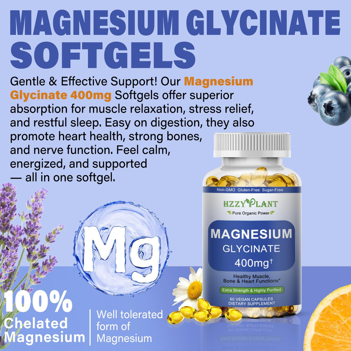Magnesium Glycinate Softgels, High Absorption Magnesium Glycinate 400mg Supplement for Muscle, Heart, Sleep & Bone Support, Bisglycinate Softgel Capsules Supplement, Vegan, Non-GMO, 2 Month Supply