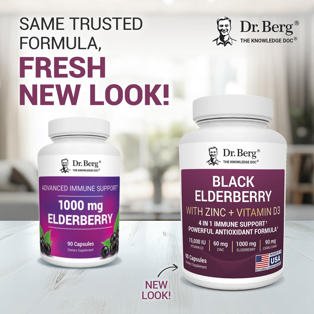 Dr. Berg Black Elderberry Capsules (Advanced Immune Support*) with 15,000 IU Vitamin D, 60 mg of Zinc, & 90 mg of Camu Camu - (4-in-1) Sambucus Elderberry Immune Support Supplement - 90 Capsules