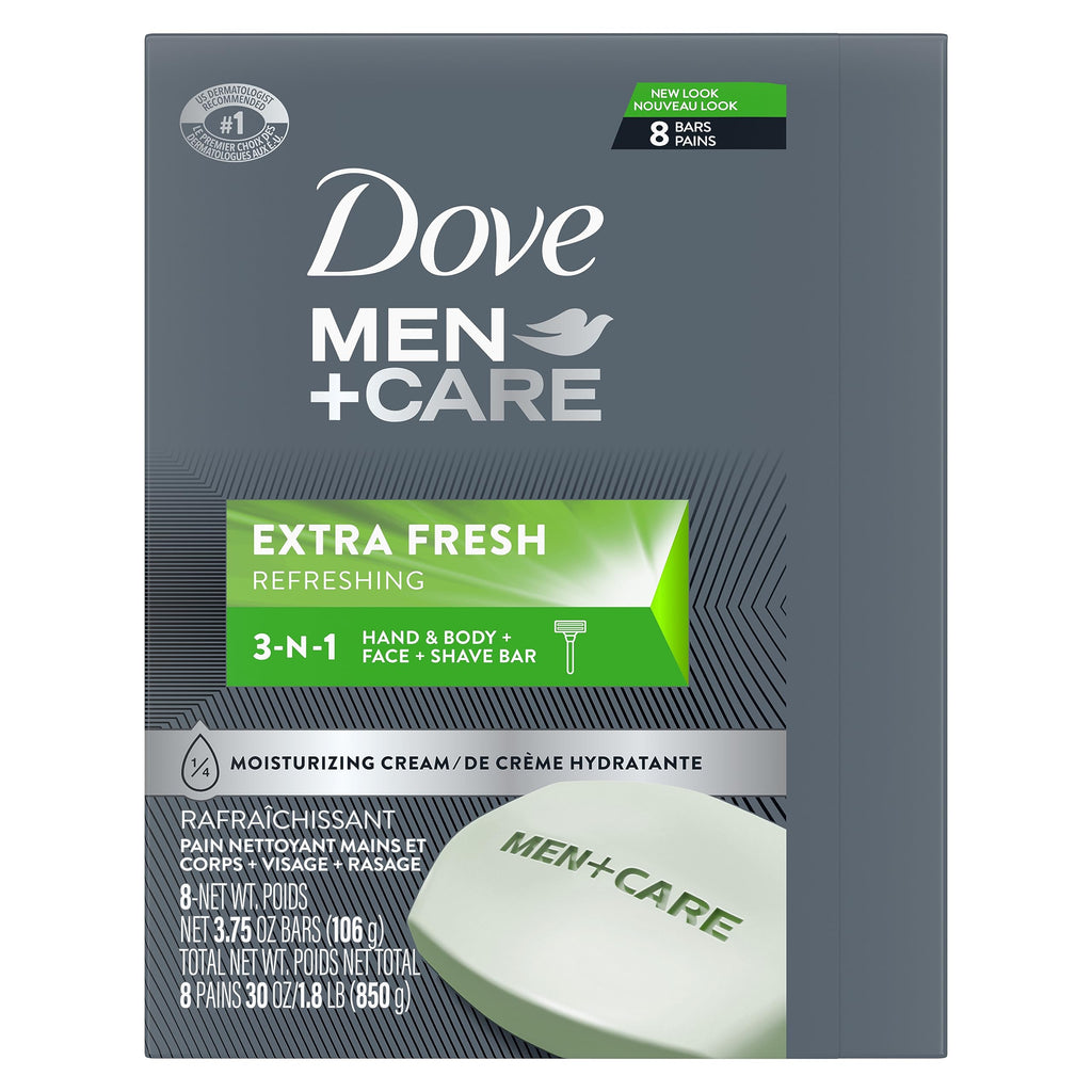 DOVE MEN + CARE 3 in Cleanser for Body, Face, and Shaving 1 Bar 3.75 oz | For dry skin, Helps cleanse and hydrate, With 1/4 moisturizing cream, For face body + shave, Extra Fresh scent