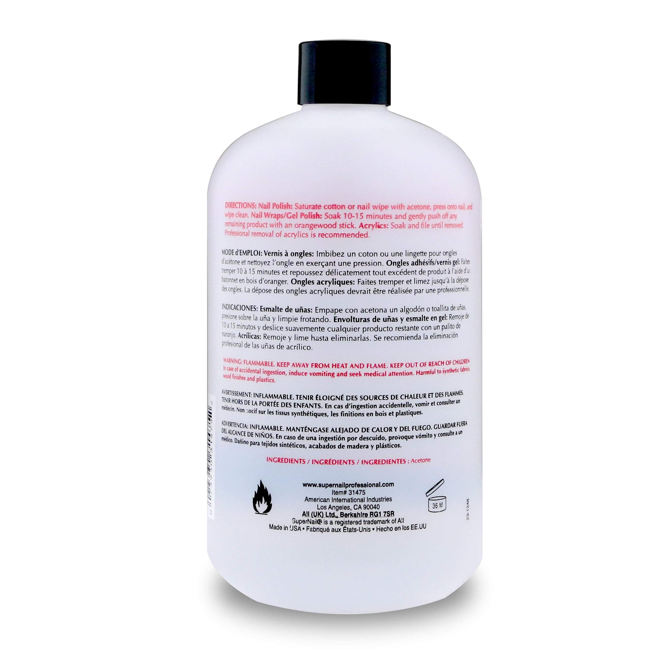 SuperNail Pure Acetone Nail Polish Remover for Gel, Acrylic & Wraps, 16 oz | Professional Strength Cleanser for Fast and Quick Gel Nail Polish Remover, Dissolves Nails Polishes Easily