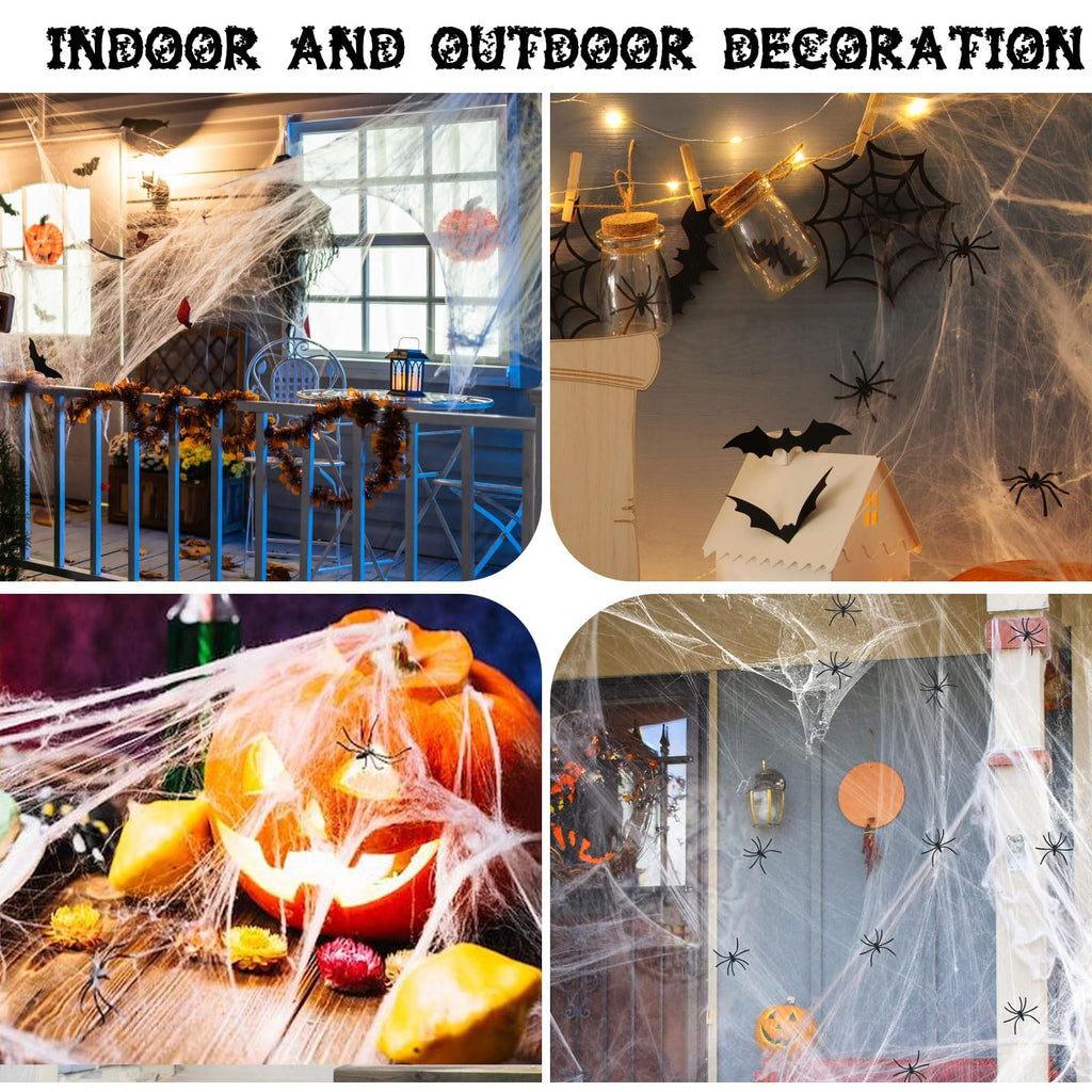 Famoby 1200 sqft Halloween Spider Webs and 50pcs Fake Spiders Super Stretch Cobwebs Party Decorate for Halloween Theme Indoor and Outdoor Decoration