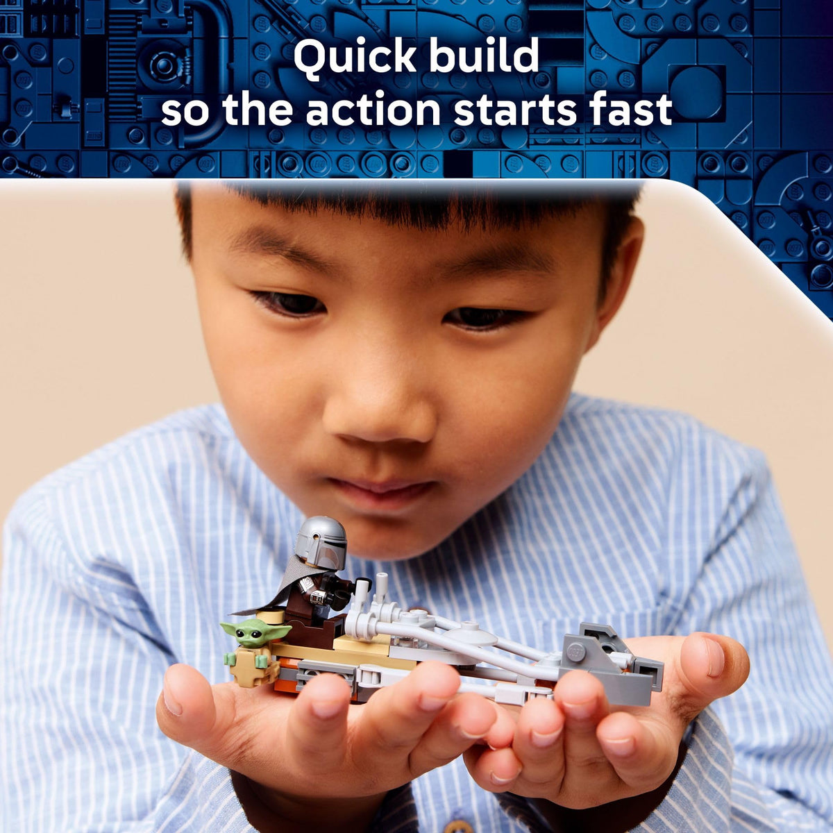 A young child holds a LEGO set of The Mandalorian and Grogu, showcasing a quick build for instant action. Verified by CuratCart.