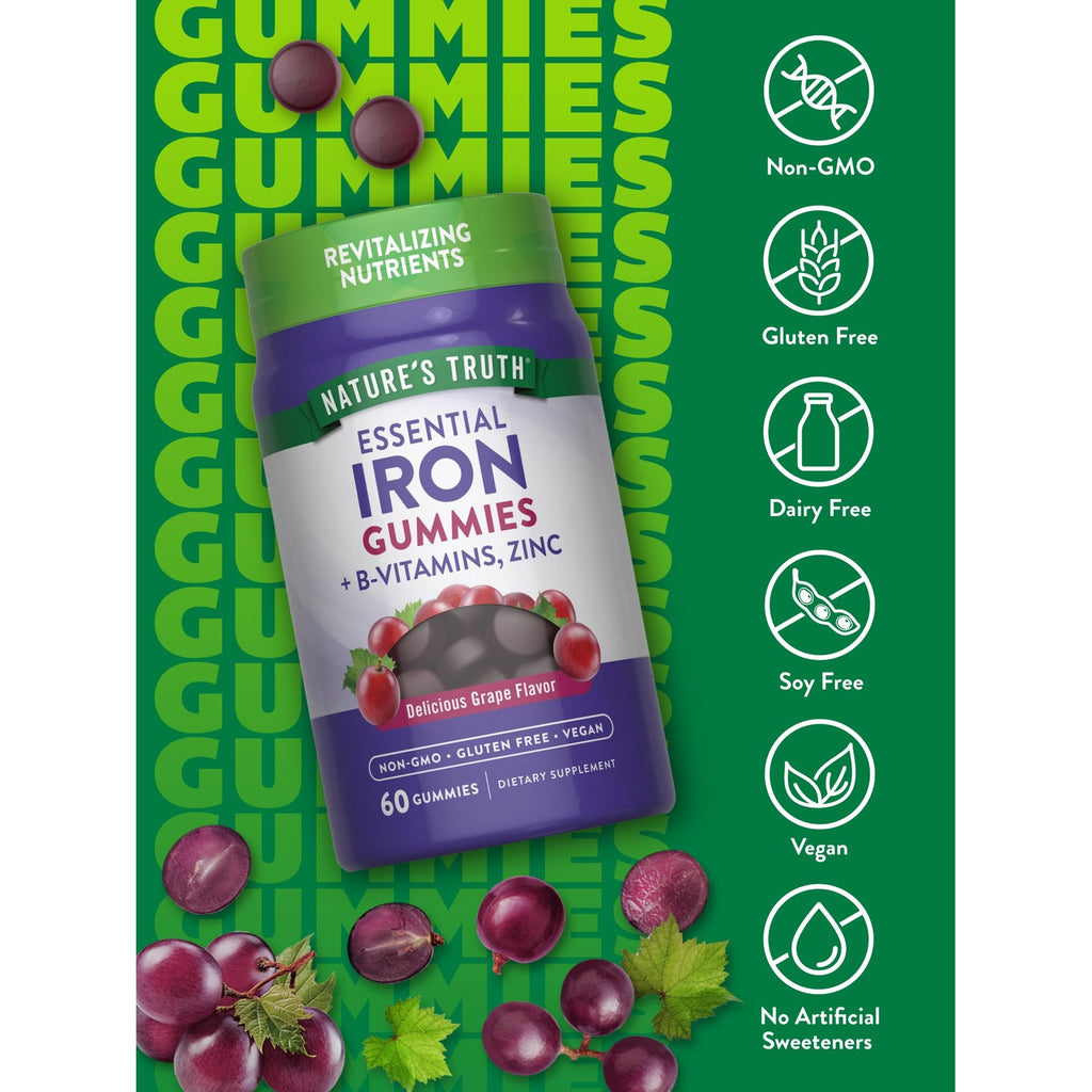 Nature's Truth Iron Gummies | 60 Count | Vegan, Non-GMO & Gluten Free Supplement | with Zinc & B Vitamins | Grape Flavor