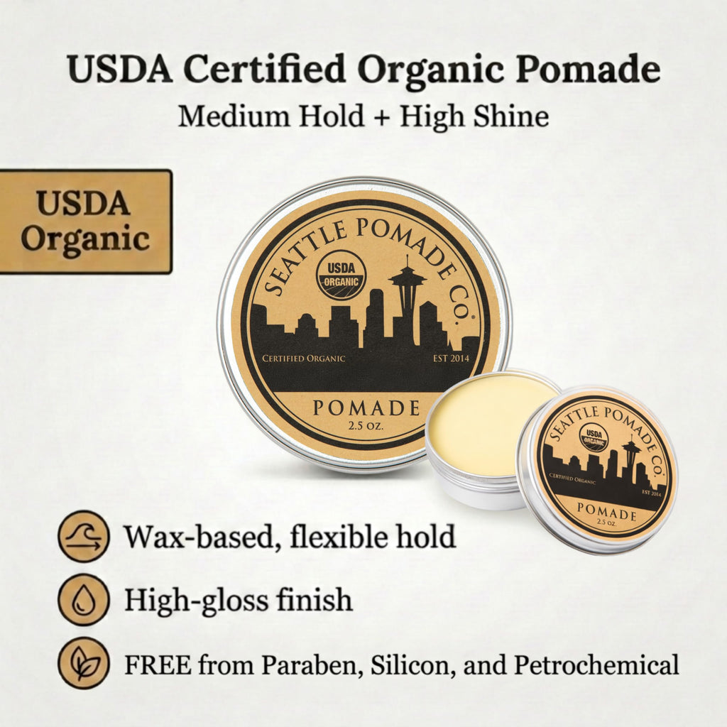 Seattle Pomade Co. USDA Certified Organic Pomade. Medium Hold & High Shine, Hair Styling Formula Non GMO, Made with organic materials from around the world.