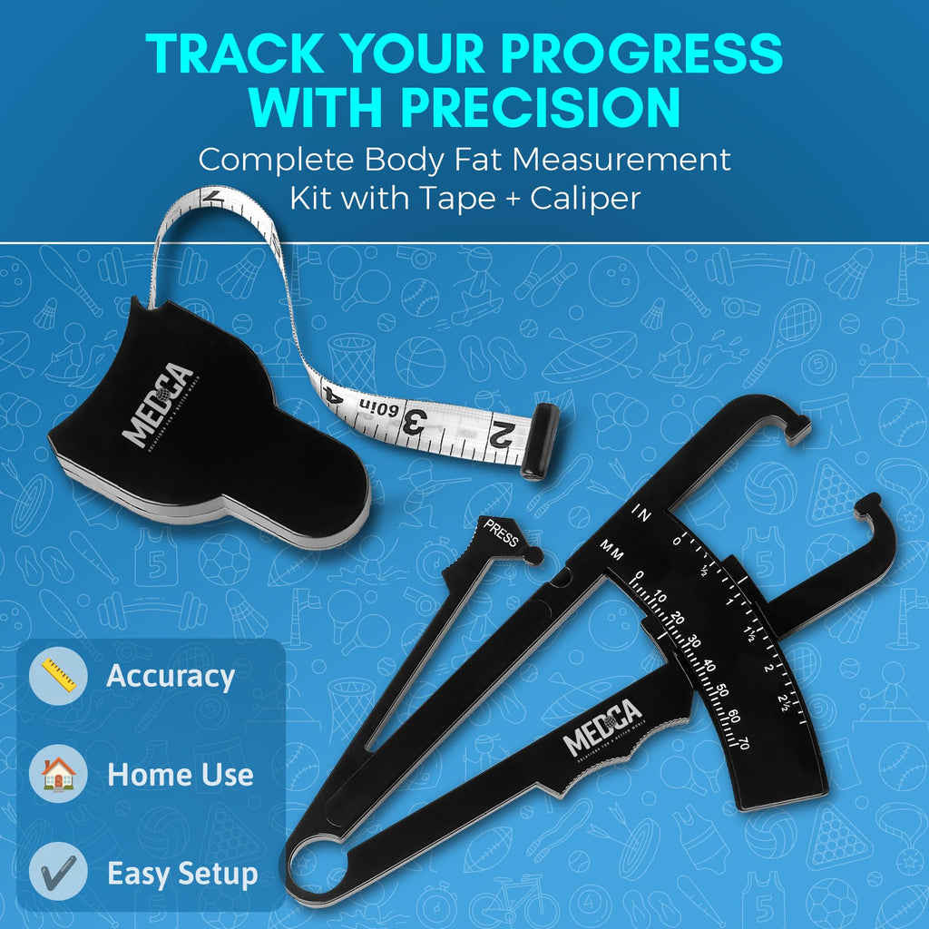 MEDca Body Fat Caliper and Measuring Tape for Body - Skinfold Calipers and Body Fat Tape Measure Tool for Accurately Measuring BMI Skin Fold Fitness and Weight-Loss, (Black)