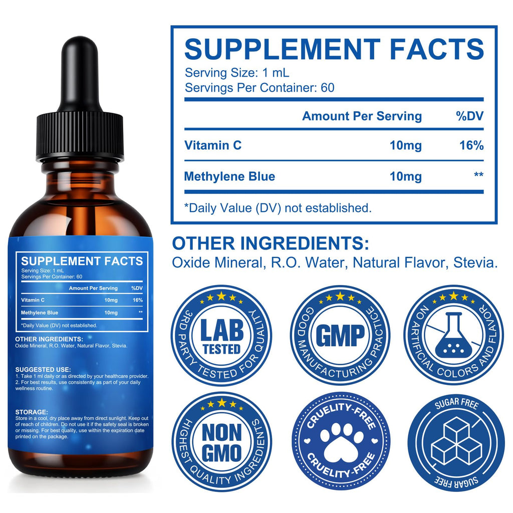 Methylene Blue Pharmaceutical Grade, Methylene Blue Drops for Humans Brain Health and Energy Support, No Formaldehyde, No Alcohol, No Gluten - 2 Fl OZ