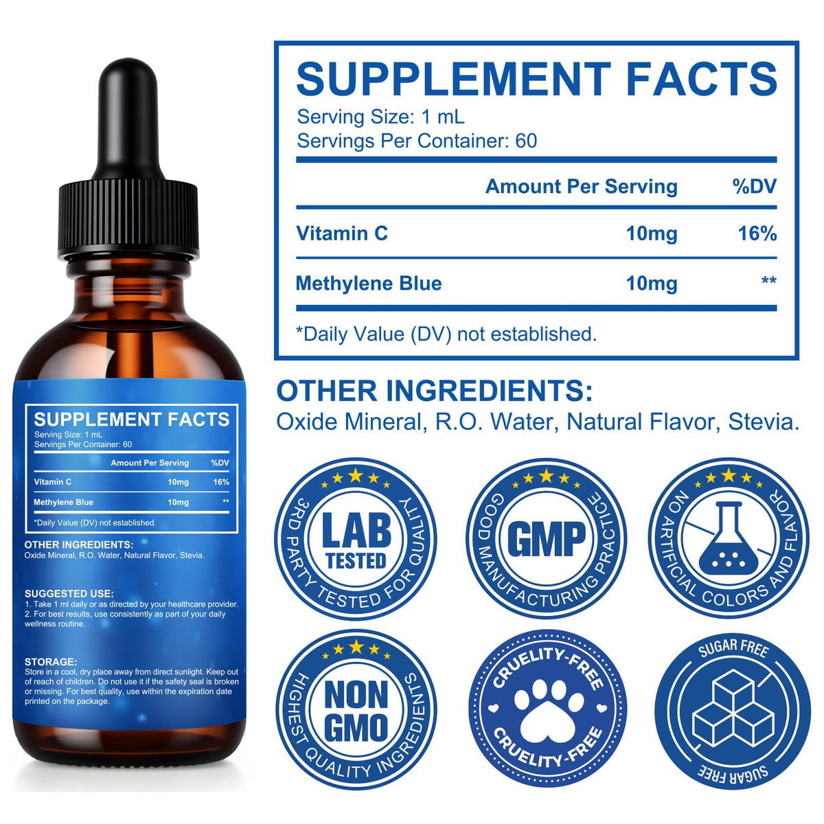 Methylene Blue Pharmaceutical Grade, Methylene Blue Drops for Humans Brain Health and Energy Support, No Formaldehyde, No Alcohol, No Gluten - 2 Fl OZ