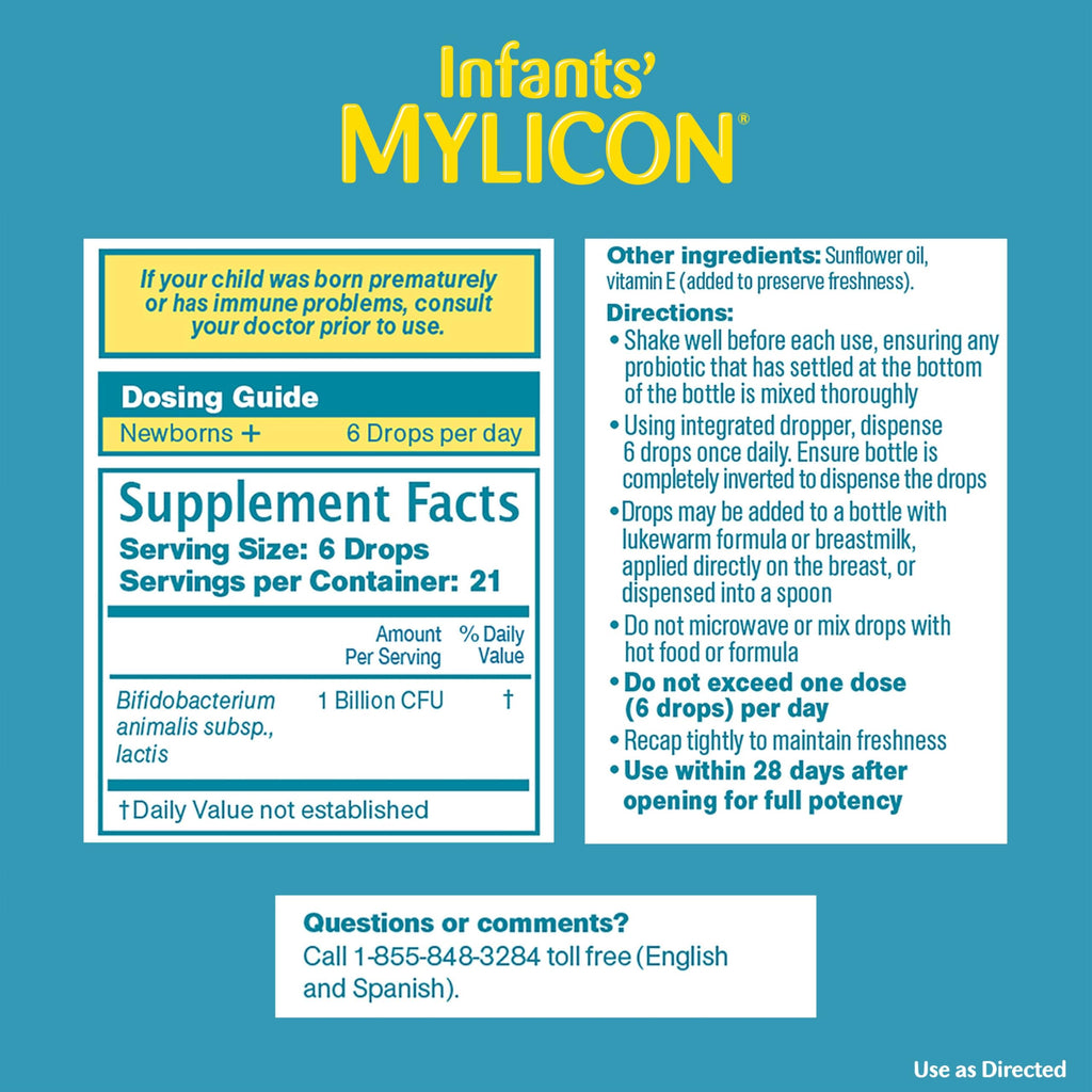 Infants' Mylicon Daily Probiotic Drops, for Colic and Fussiness, 8mL, 21 Daily Doses | Daily probiotic drops help relieve crying & fussiness from colic - Support digestive and immune health - 21 daily doses