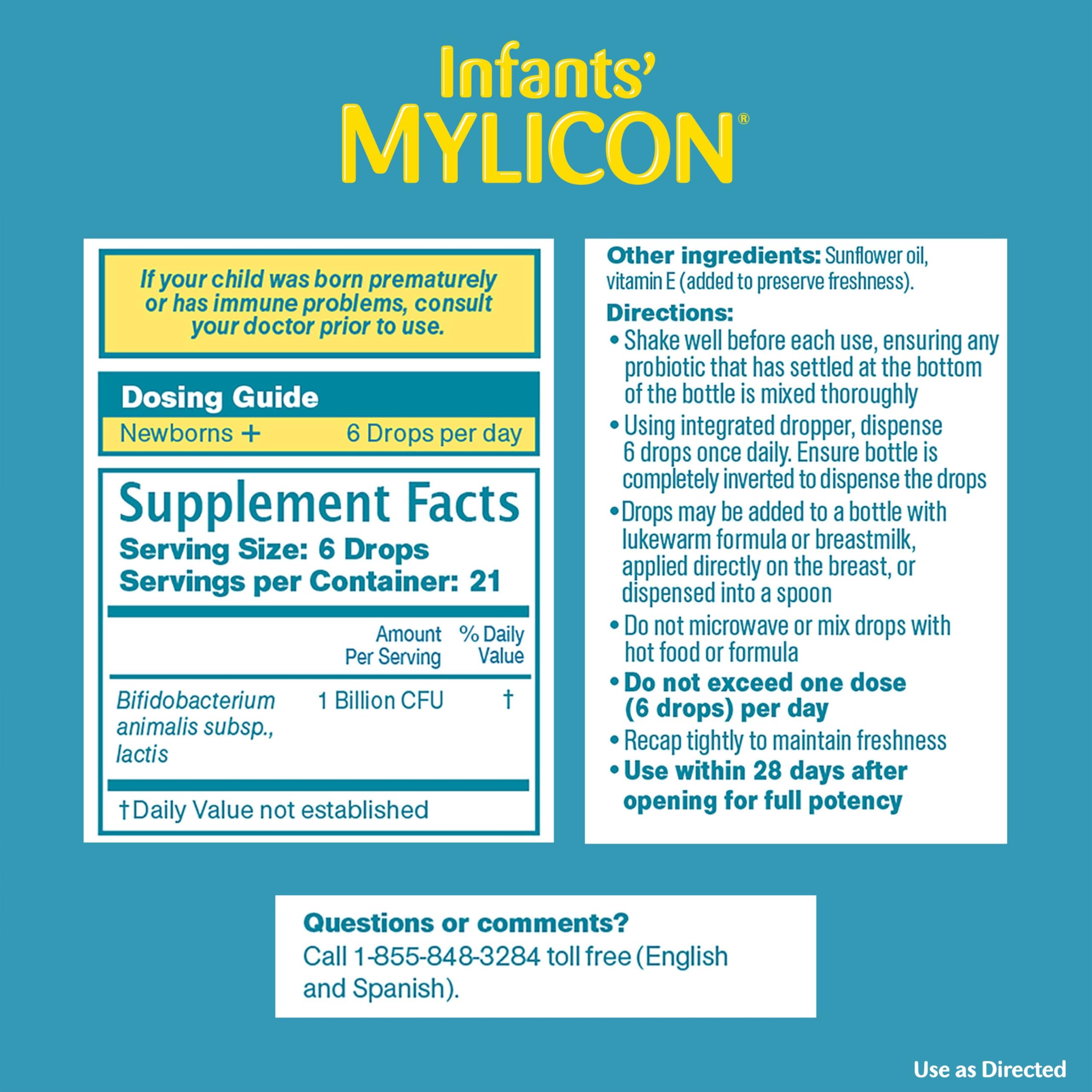 Infants' Mylicon Daily Probiotic Drops, for Colic and Fussiness, 8mL, 21 Daily Doses | Daily probiotic drops help relieve crying & fussiness from colic - Support digestive and immune health - 21 daily doses