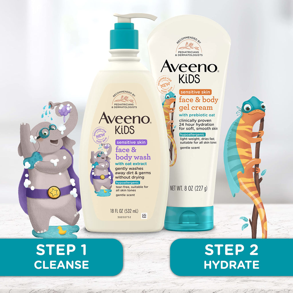 Aveeno Kids Sensitive Skin Face & Body Gel Cream, Hypoallergenic, 8 oz | Prebiotic Oat, 24 Hour Hydration, Quick Drying & Lightweight, Soft Skin