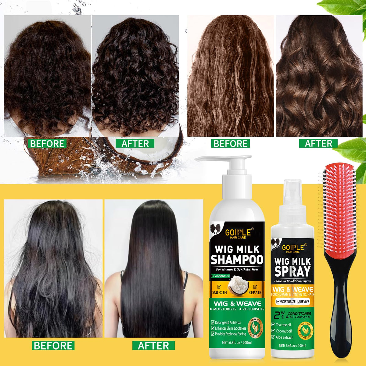 Goiple Wig Shampoo & Wig Milk Spray for Synthetic Hair Human Wigs, Detangle and Anti-Frizz, Hydrates & Moisturizes Synthetic Wig Shampoo, Conditioner＆Detangler 2 in 1 Moisturize Spray Detangler Brush