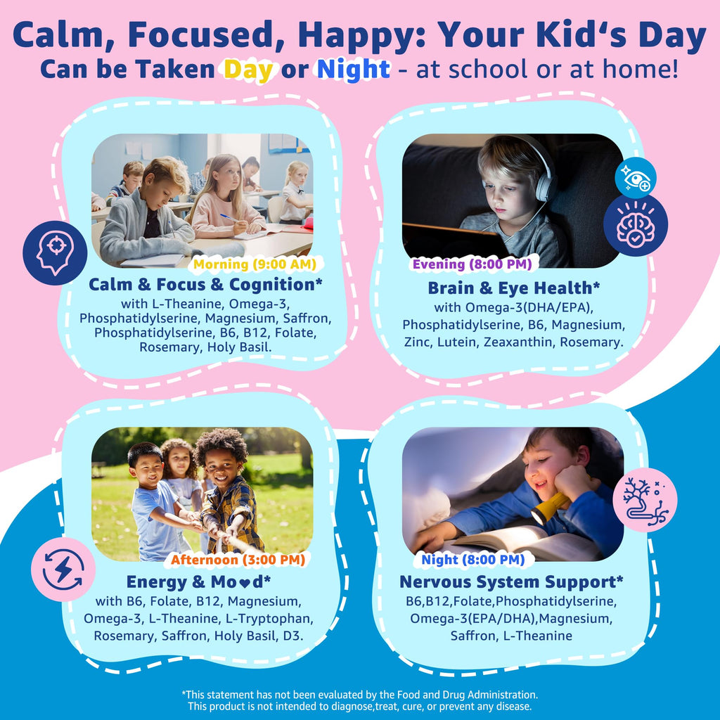 Saffron + Magnesium Glycinate+ Omega-3 - Calm Focus Gummies for Kids 4+, Saffron Extract Supplement w/L-Theanine, Holy Basil, Rosemary, B6, B9,B12, D3 for Happy Mood, Cognition, Nerve, Sugar Free
