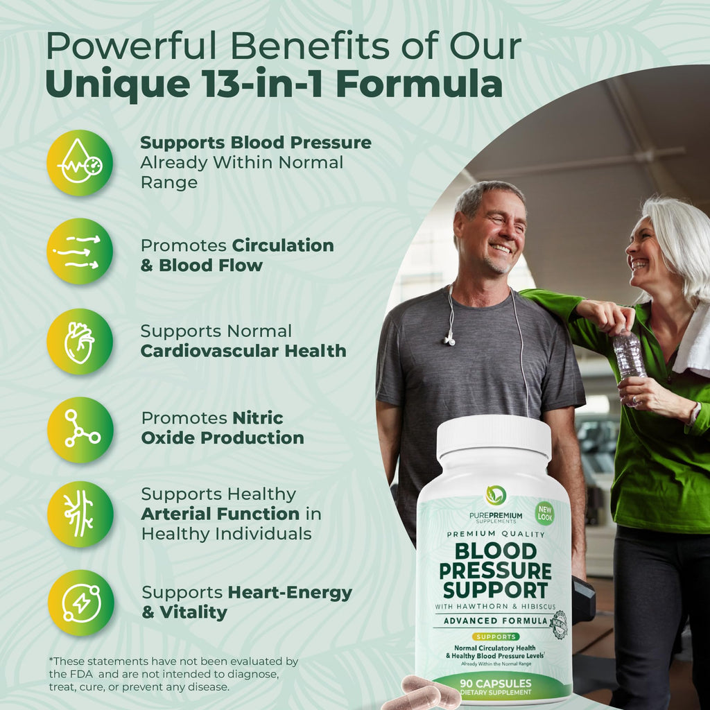 PurePremium Blood Pressure Supplements with Hawthorn Berry, Hibiscus - 90ct | Garlic & Vitamin B12 - Nitric Oxide Supplement for Normal Heart Health, Circulation Health & Blood Pressure Support, USA Made
