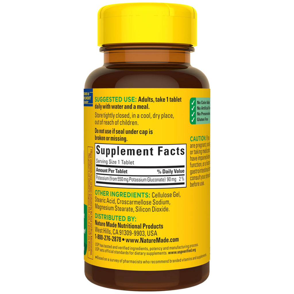Nature Made Potassium Gluconate 550 mg, Potassium Supplements, 100 Tablets | Dietary Supplement for Nerve, Muscle and Heart Function Support, Helps Support Fluid Balance, Gluten Free, 100 Day Supply