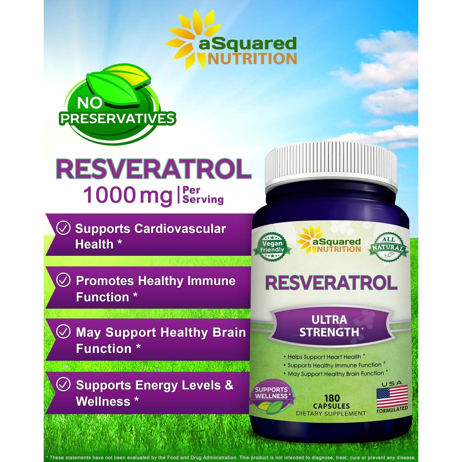 100% Natural Resveratrol Supplement - 1000mg Per Serving - 180 Capsules | Max Strength Antioxidant Polyphenols Complex - Trans-Resveratrol Pills for Heart Health - Pure Formula - 500mg Per Capsule