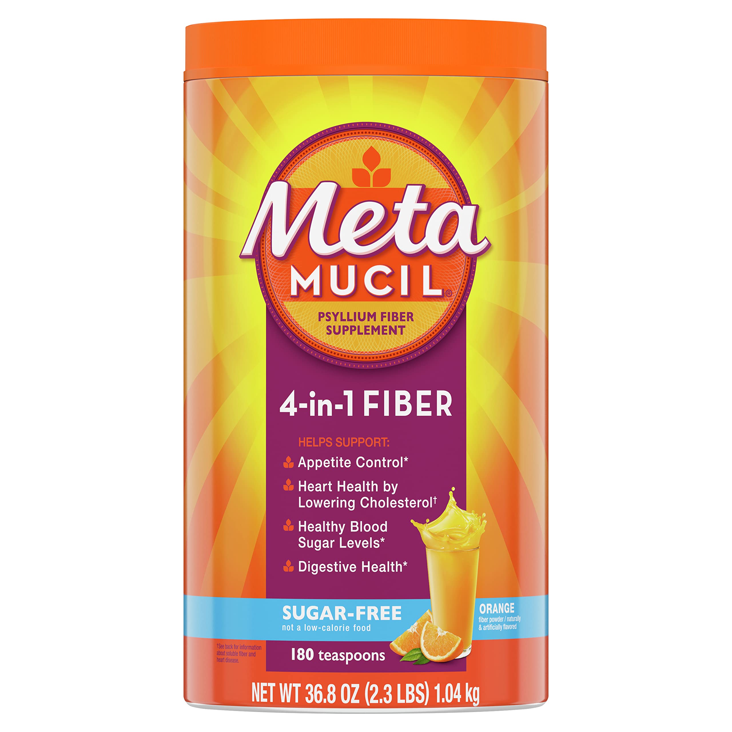 Metamucil 4-in-1 Psyllium Husk GLP-1 Friendly Fiber Supplement, Sugar-Free, 180 teaspoons, Orange Flavored, Daily Fiber Powder for Digestive Health, made with Plant-Based Psyllium Husk Fiber