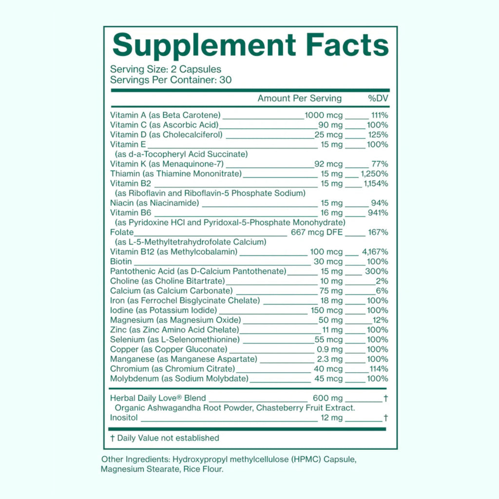 Love Wellness | Daily Love Multivitamin for Women | 30-Day Supply Capsules | Women's multivitamin, Contains Vitamin C, D, Iron, Calcium, Zinc, Biotin, Magnesium, 60 capsules, Easy to take