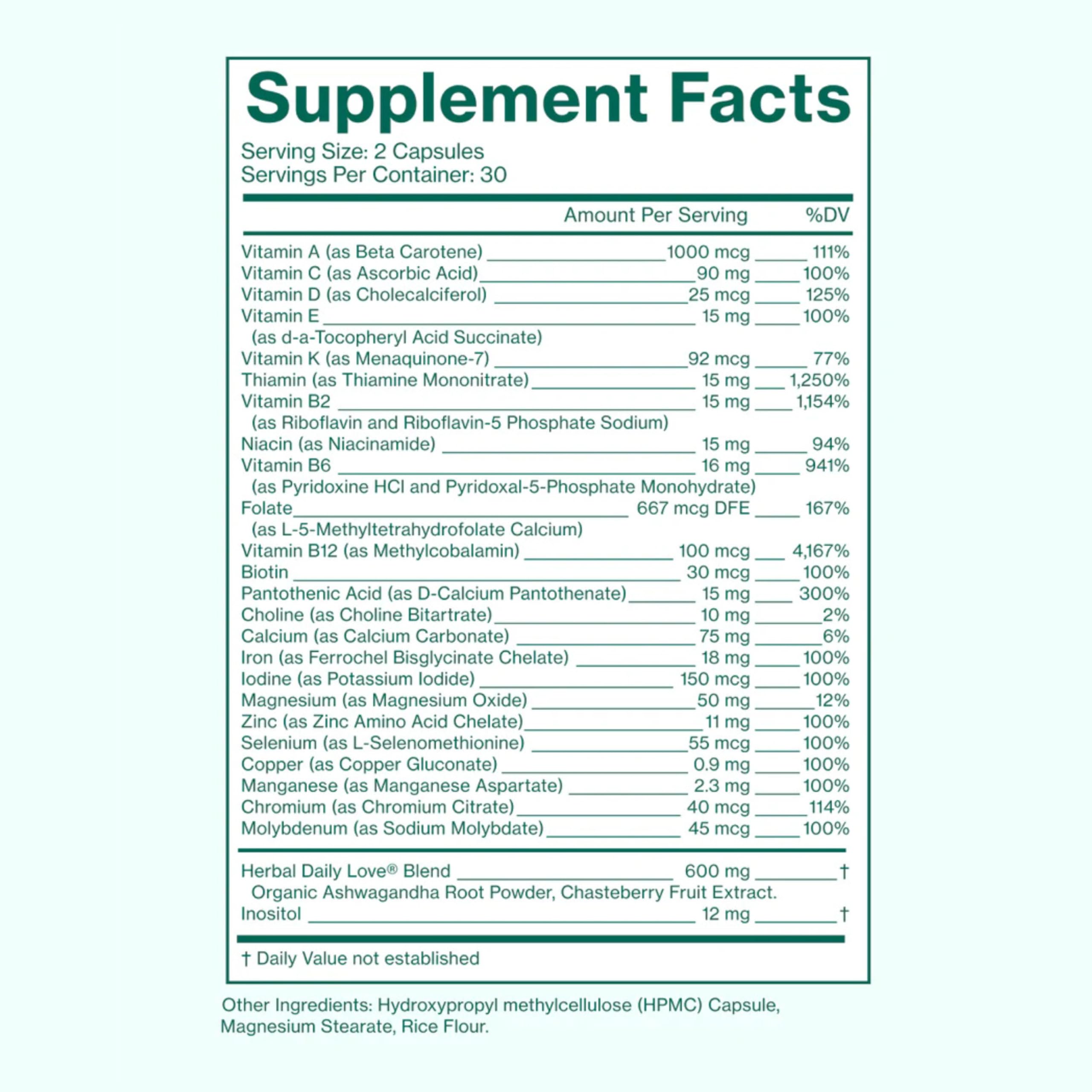 Love Wellness | Daily Love Multivitamin for Women | 30-Day Supply Capsules | Women's multivitamin, Contains Vitamin C, D, Iron, Calcium, Zinc, Biotin, Magnesium, 60 capsules, Easy to take